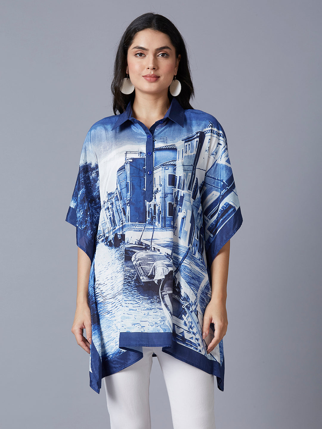 Blue & White Scenery Printed Kaftan Top