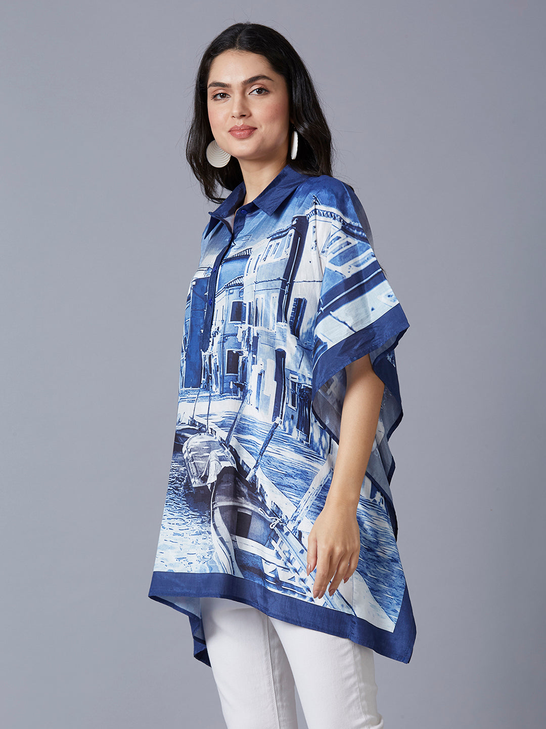 Blue & White Scenery Printed Kaftan Top