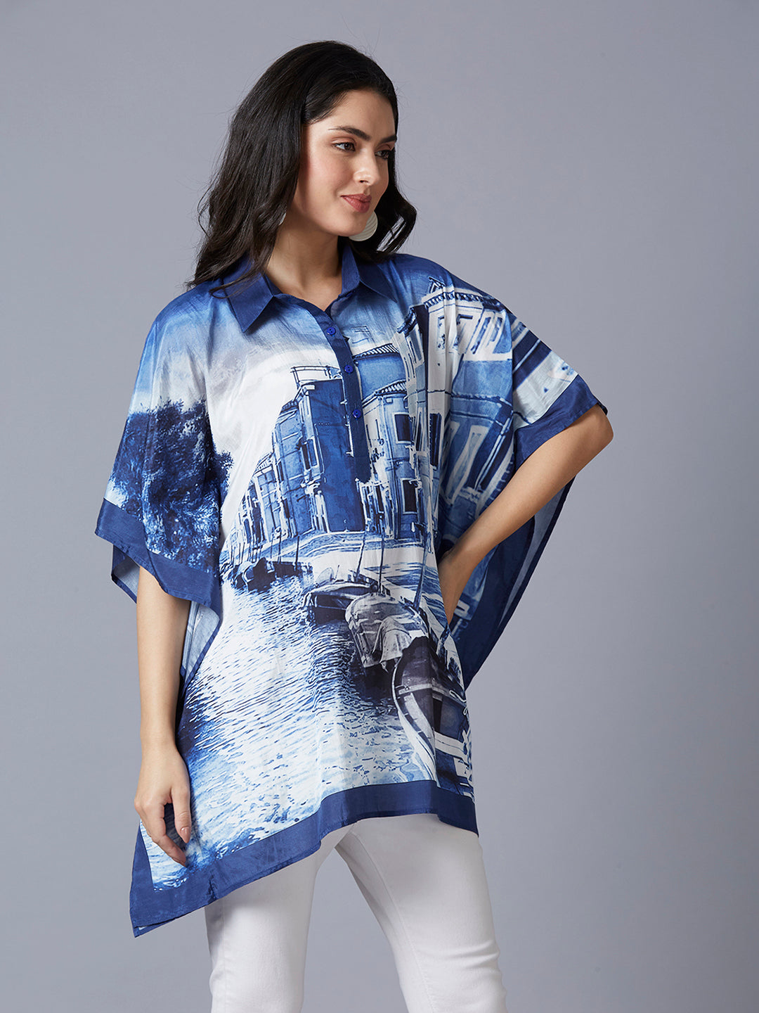 Blue & White Scenery Printed Kaftan Top