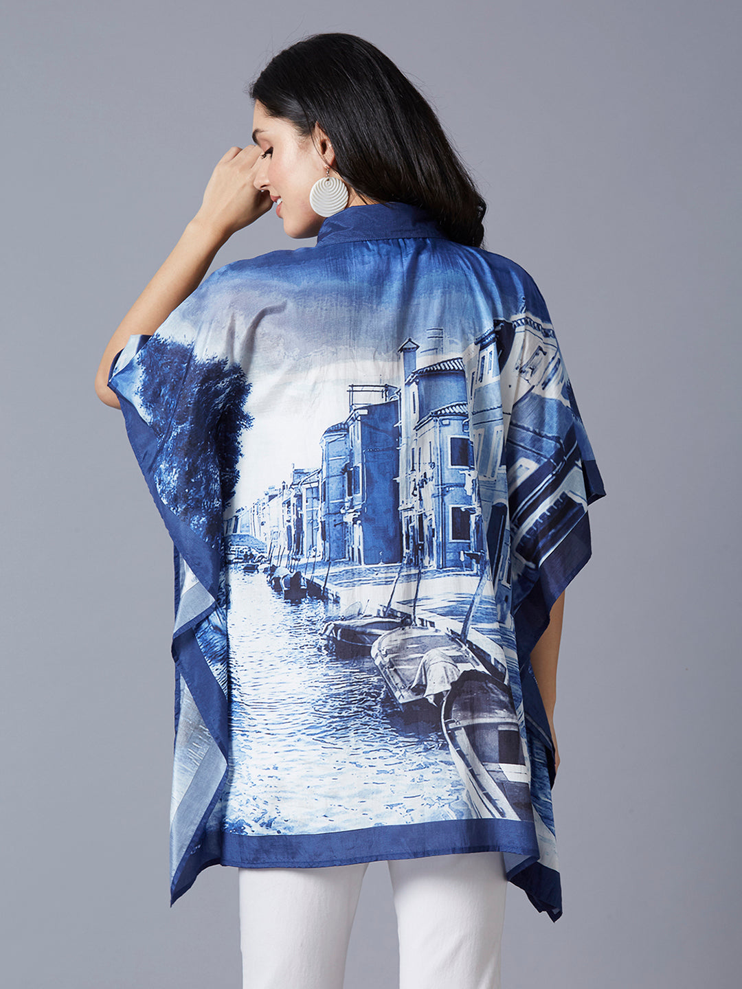 Blue & White Scenery Printed Kaftan Top