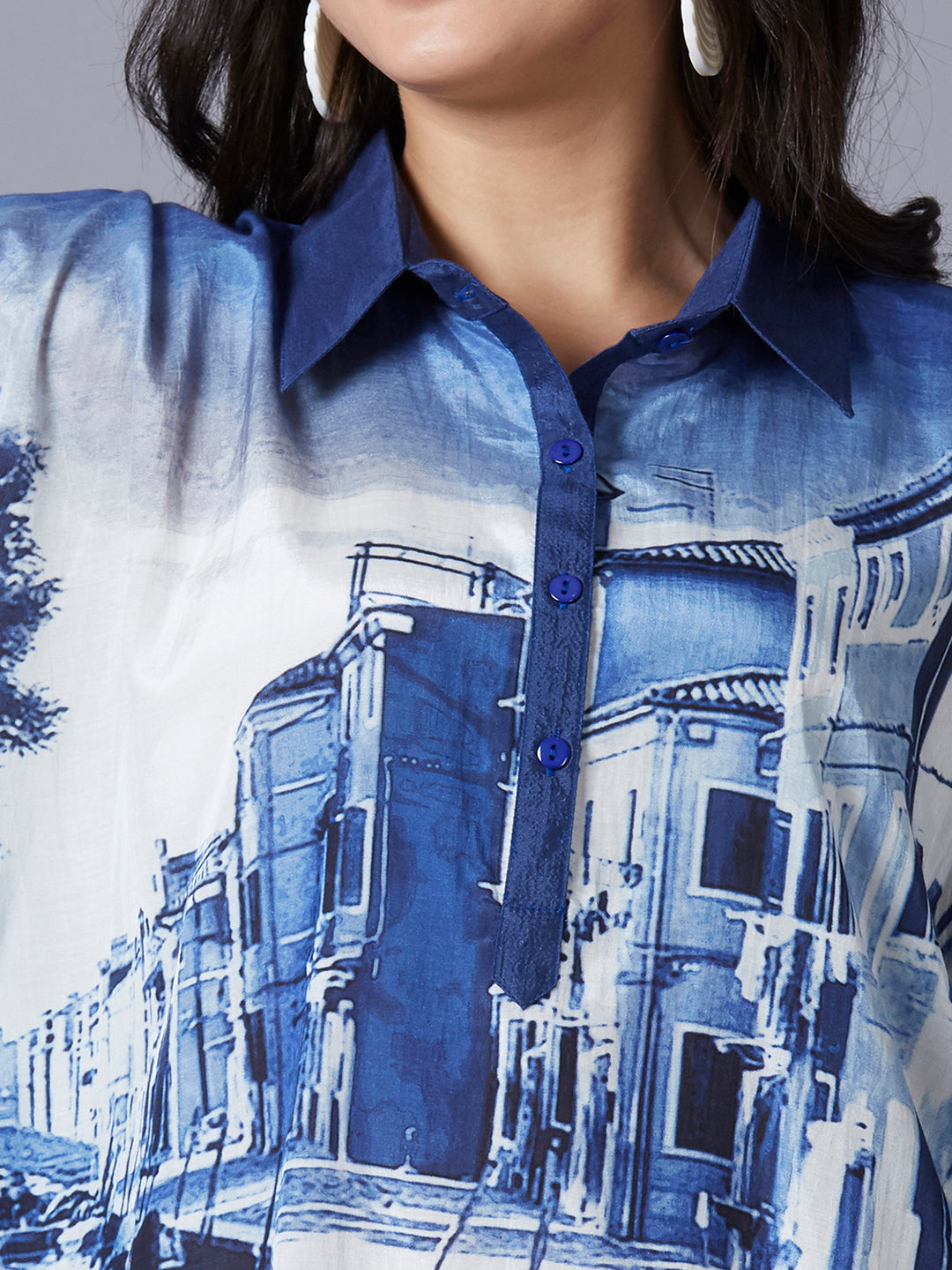 Blue & White Scenery Printed Kaftan Top