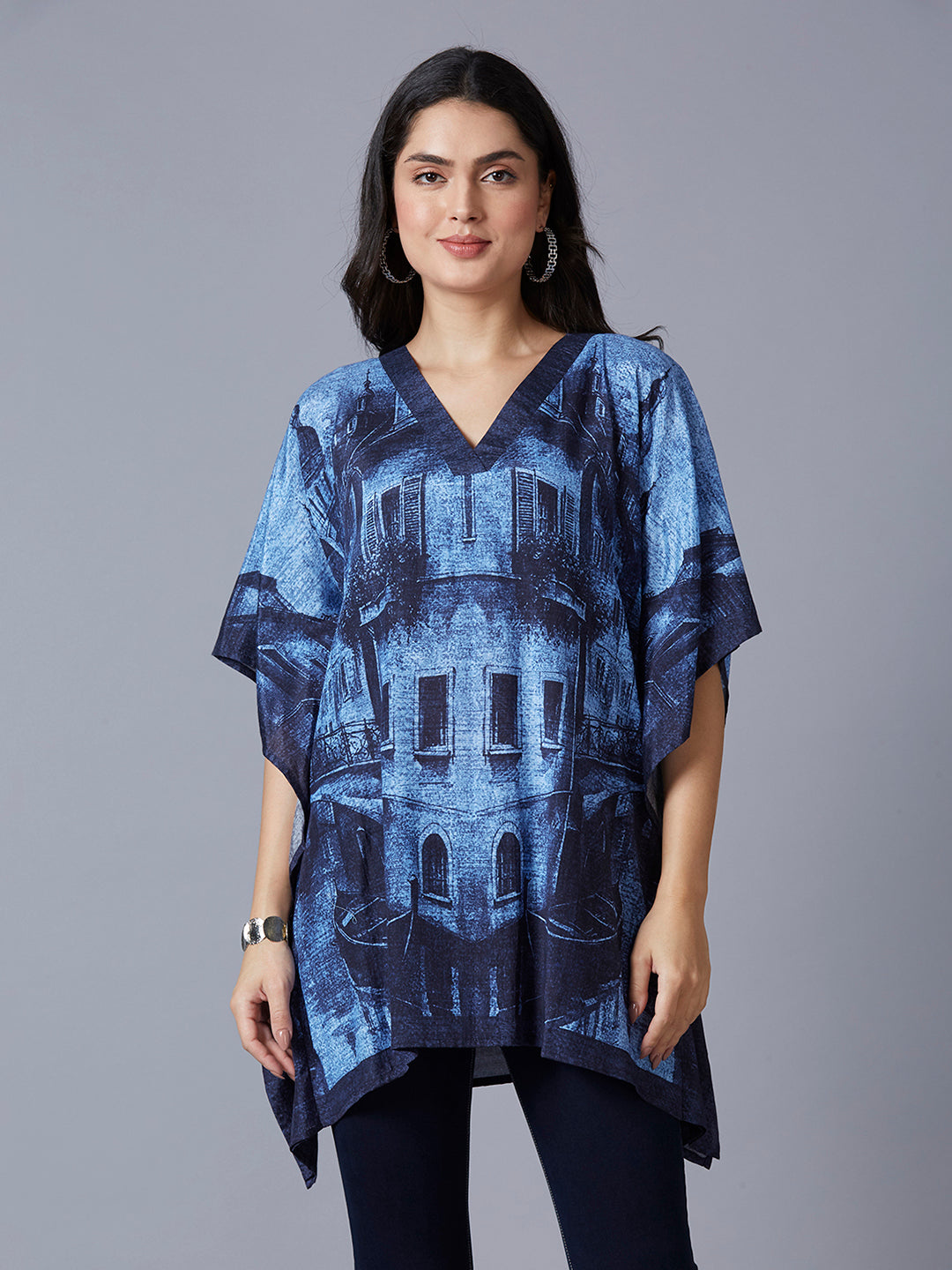 Navy Demin Style Building Printed Kaftan Top