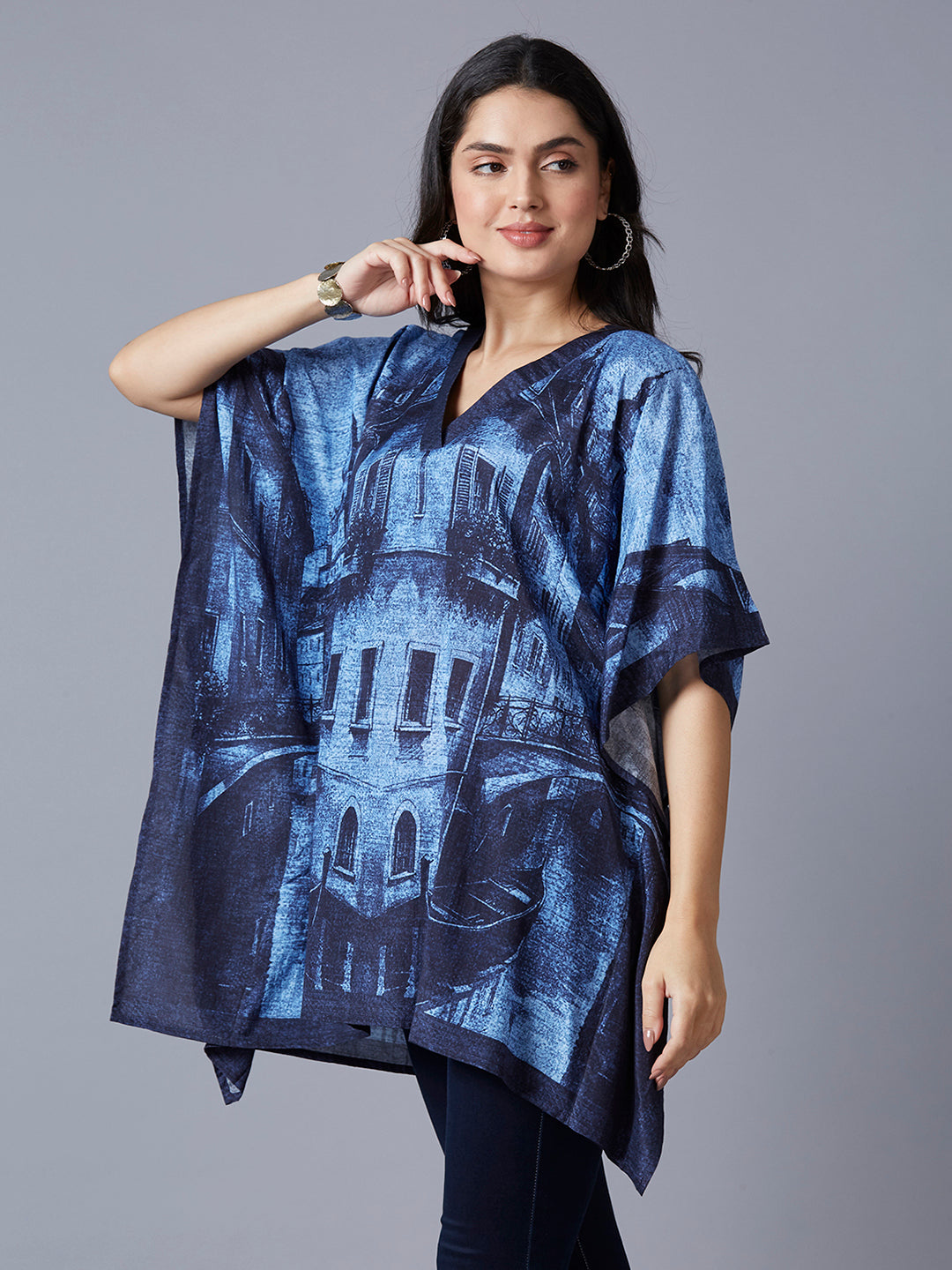 Navy Demin Style Building Printed Kaftan Top