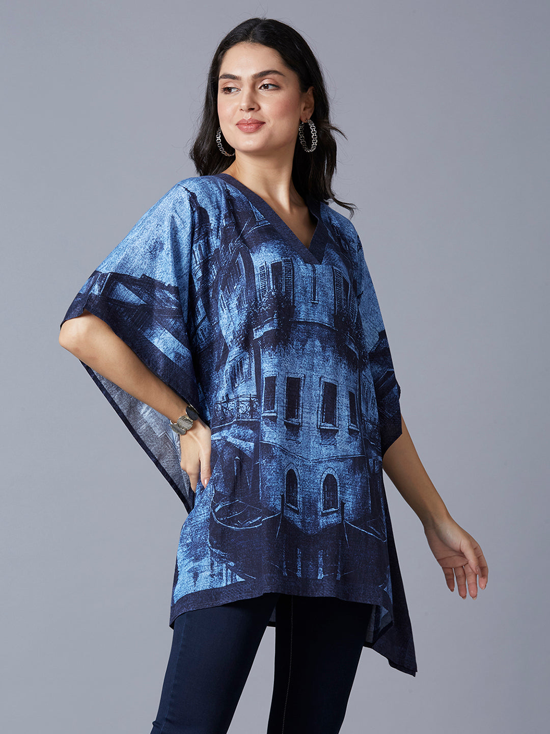 Navy Demin Style Building Printed Kaftan Top