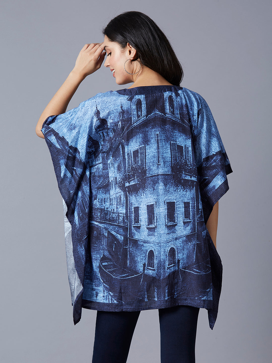 Navy Demin Style Building Printed Kaftan Top