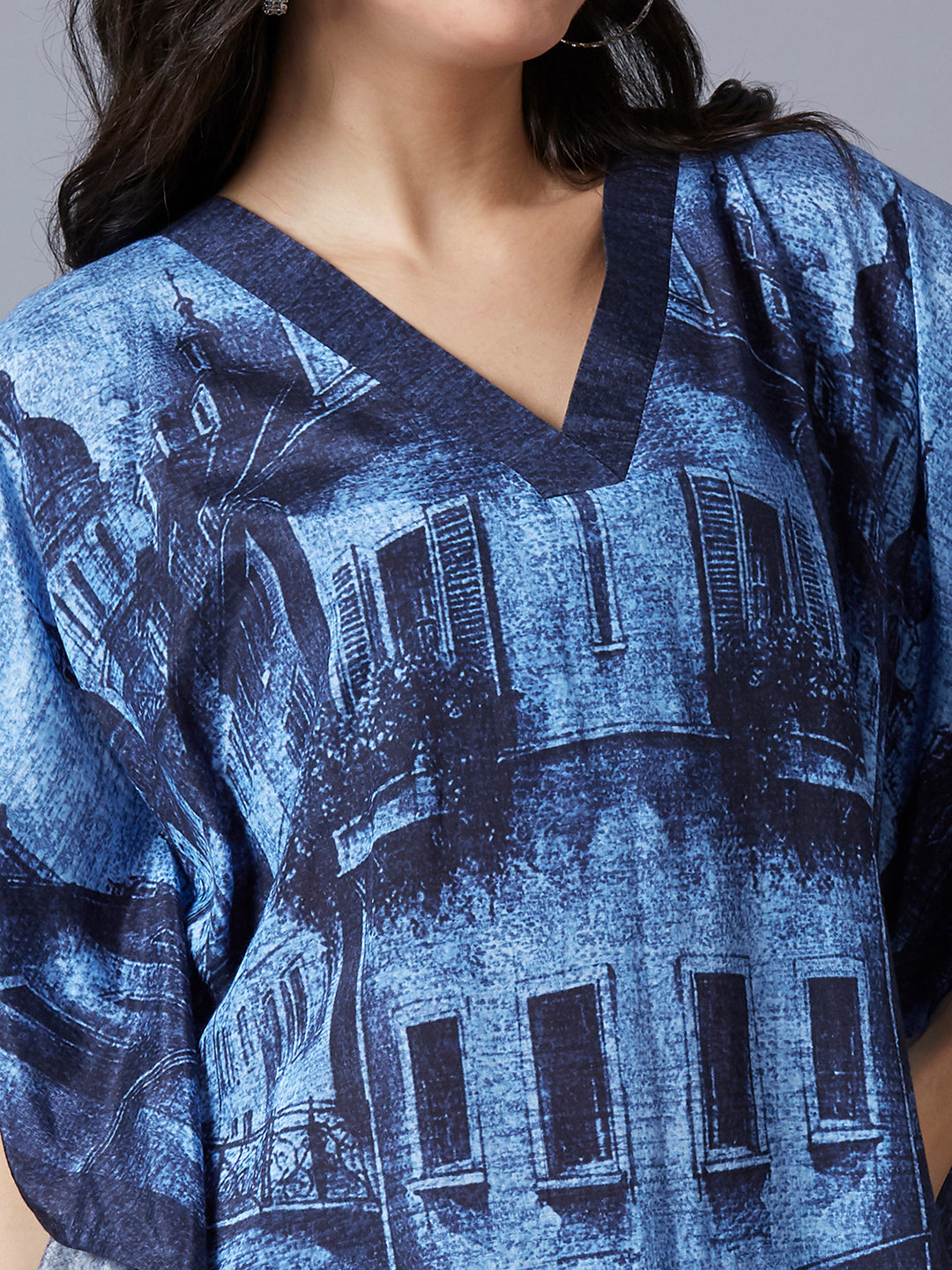 Navy Demin Style Building Printed Kaftan Top