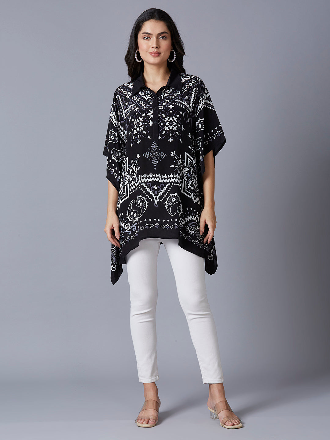 Black & White Paisley Printed Kaftan Top