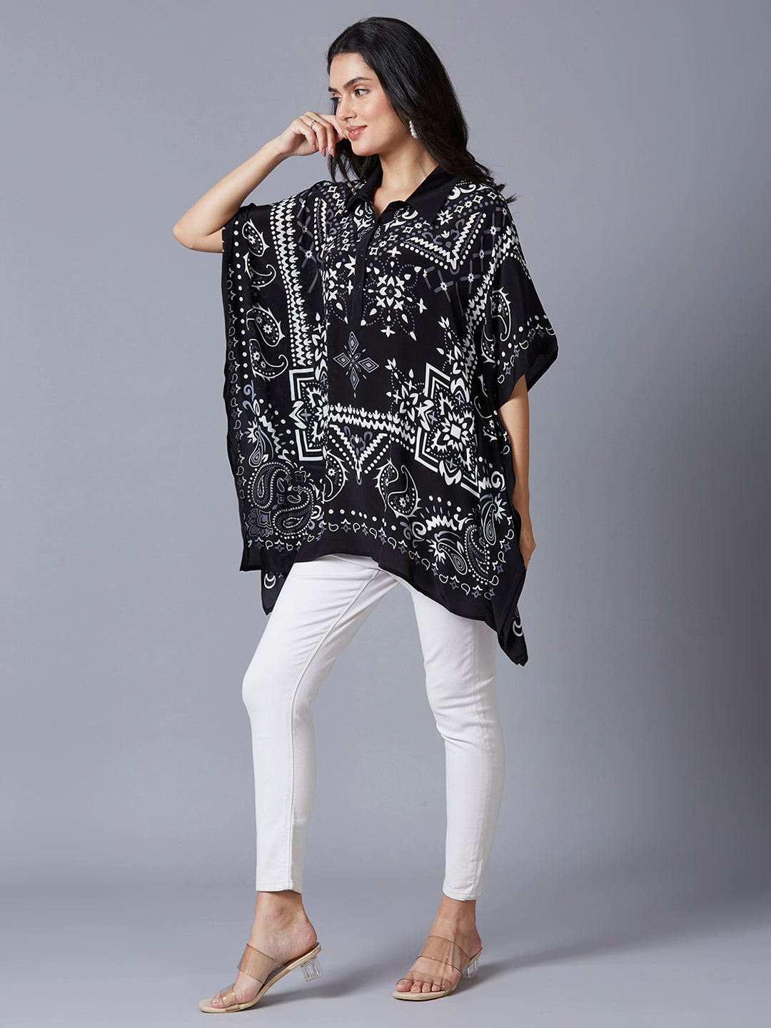 Black & White Paisley Printed Kaftan Top