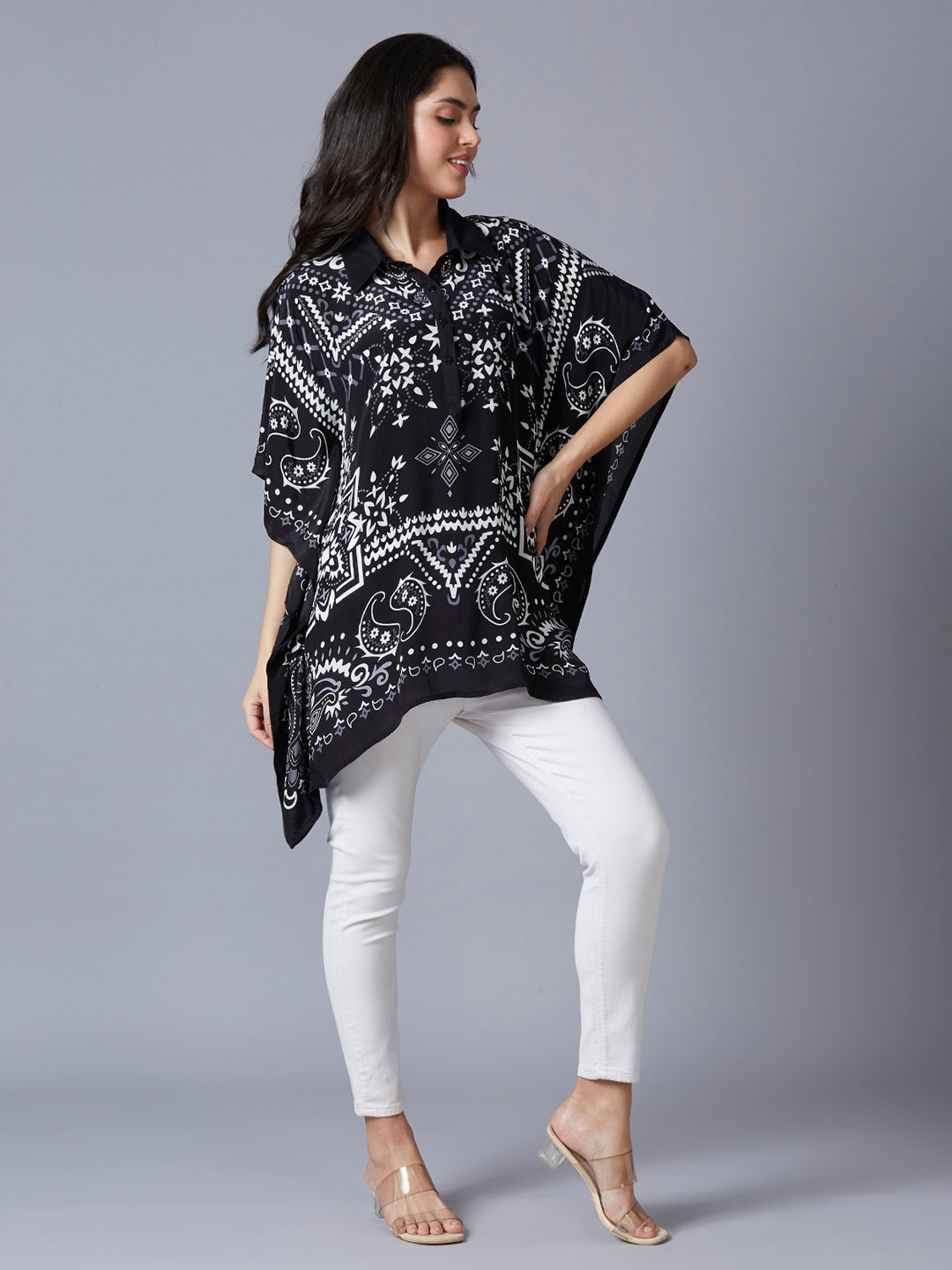 Black & White Paisley Printed Kaftan Top