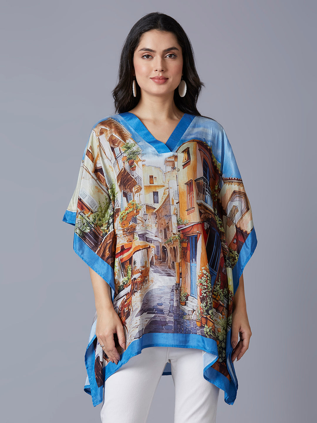 Blue Multicolor Scenery Printed Kaftan Top