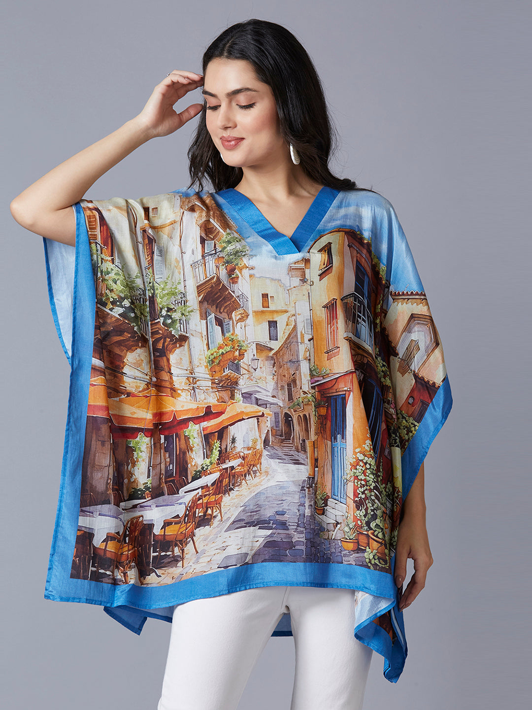 Blue Multicolor Scenery Printed Kaftan Top