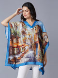 Blue Multicolor Scenery Printed Kaftan Top