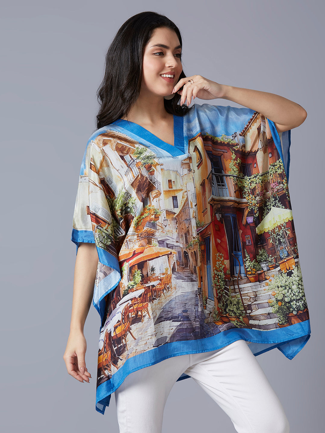 Blue Multicolor Scenery Printed Kaftan Top