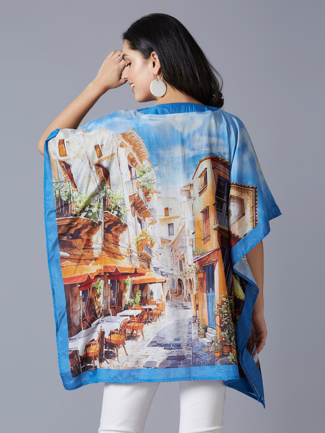 Blue Multicolor Scenery Printed Kaftan Top