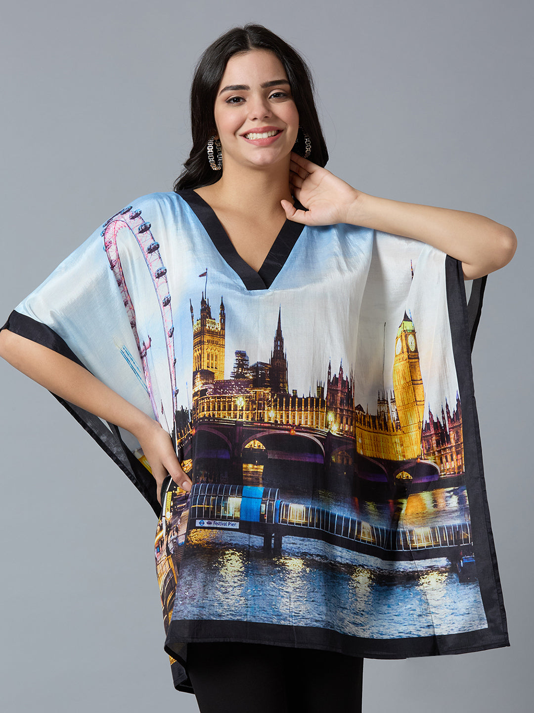 Sky Blue Multicolor London City Printed Kaftan Top