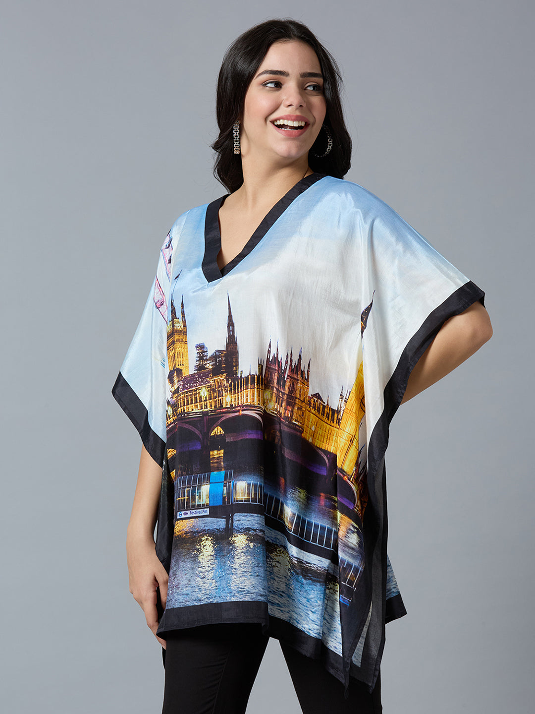 Sky Blue Multicolor London City Printed Kaftan Top