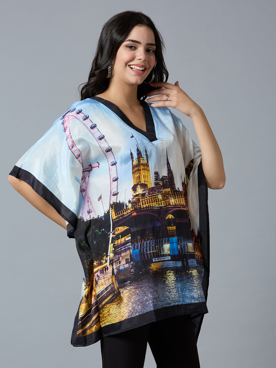 Sky Blue Multicolor London City Printed Kaftan Top