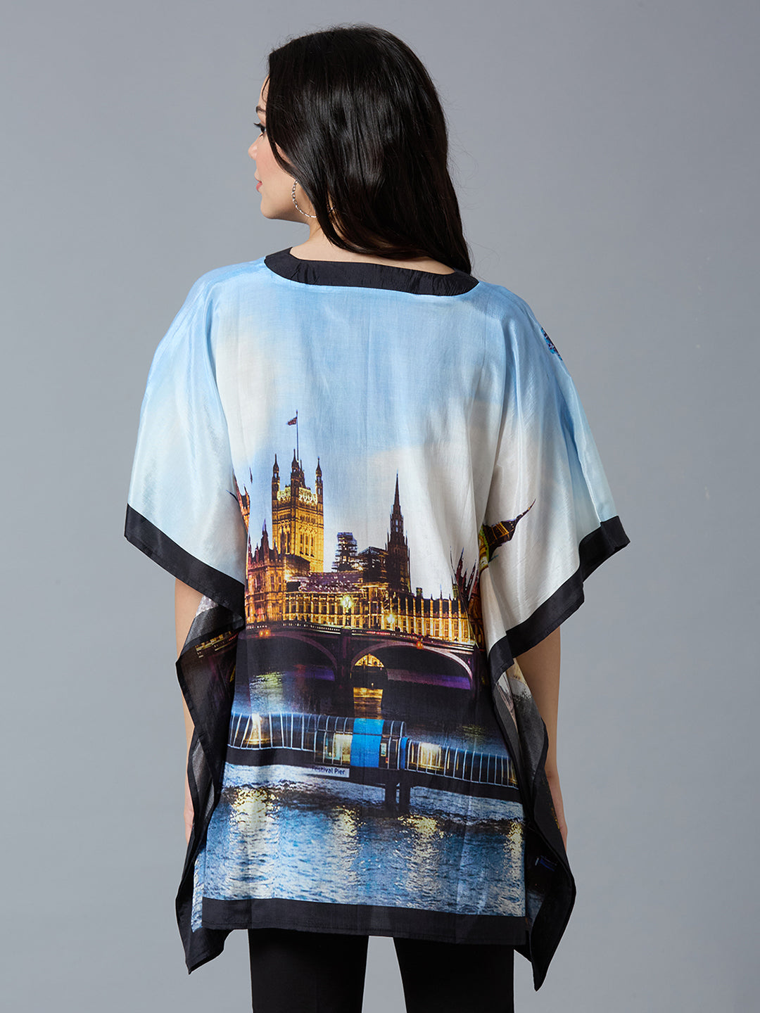 Sky Blue Multicolor London City Printed Kaftan Top