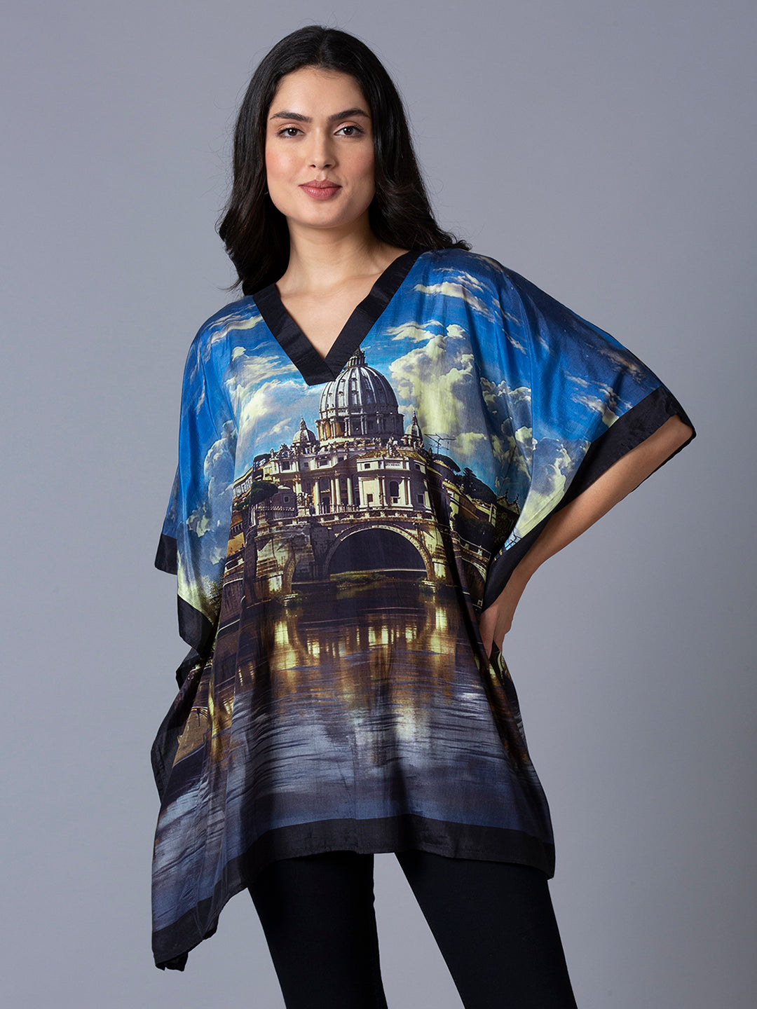 Blue Multicolor Scenery Printed Kaftan Top