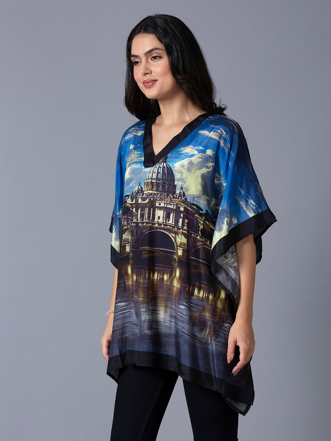 Blue Multicolor Scenery Printed Kaftan Top