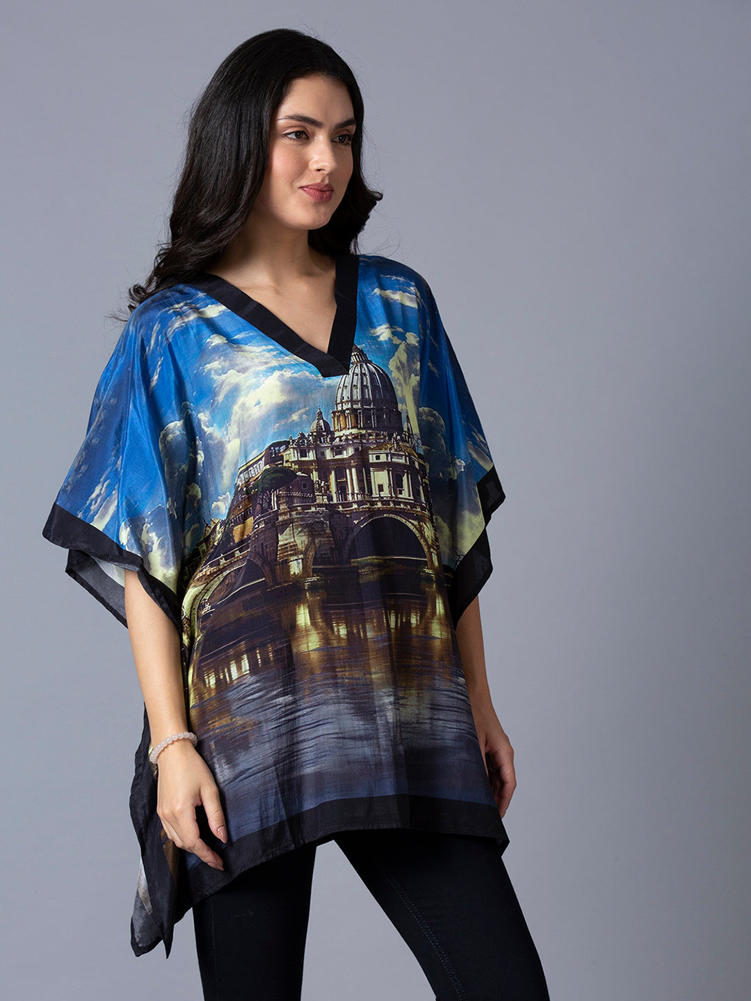 Blue Multicolor Scenery Printed Kaftan Top