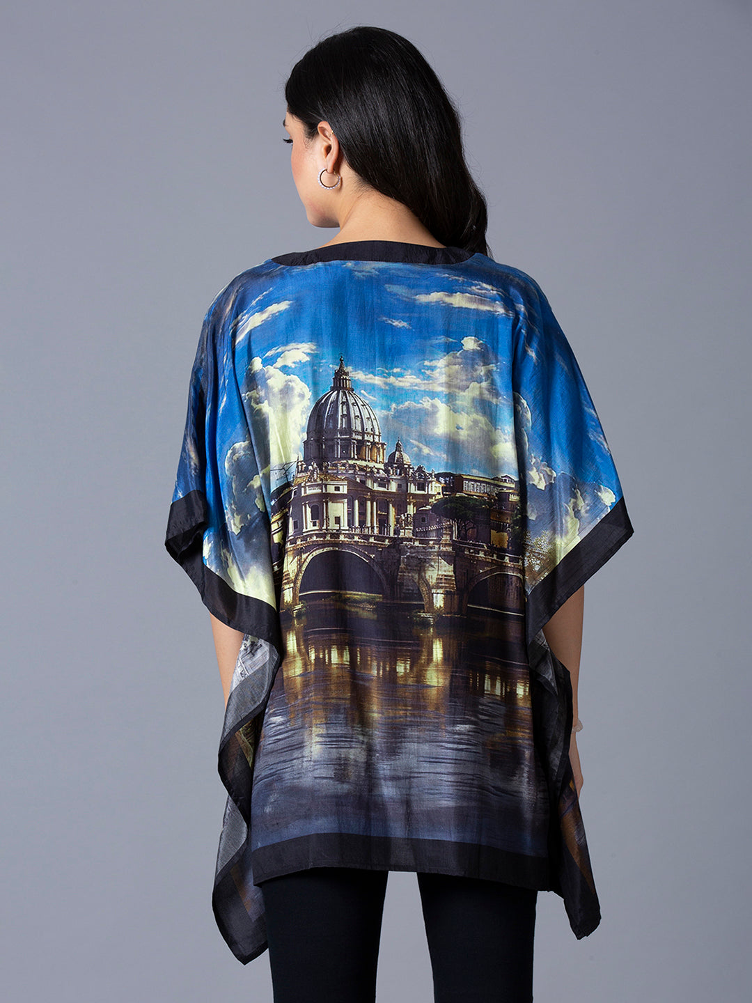 Blue Multicolor Scenery Printed Kaftan Top