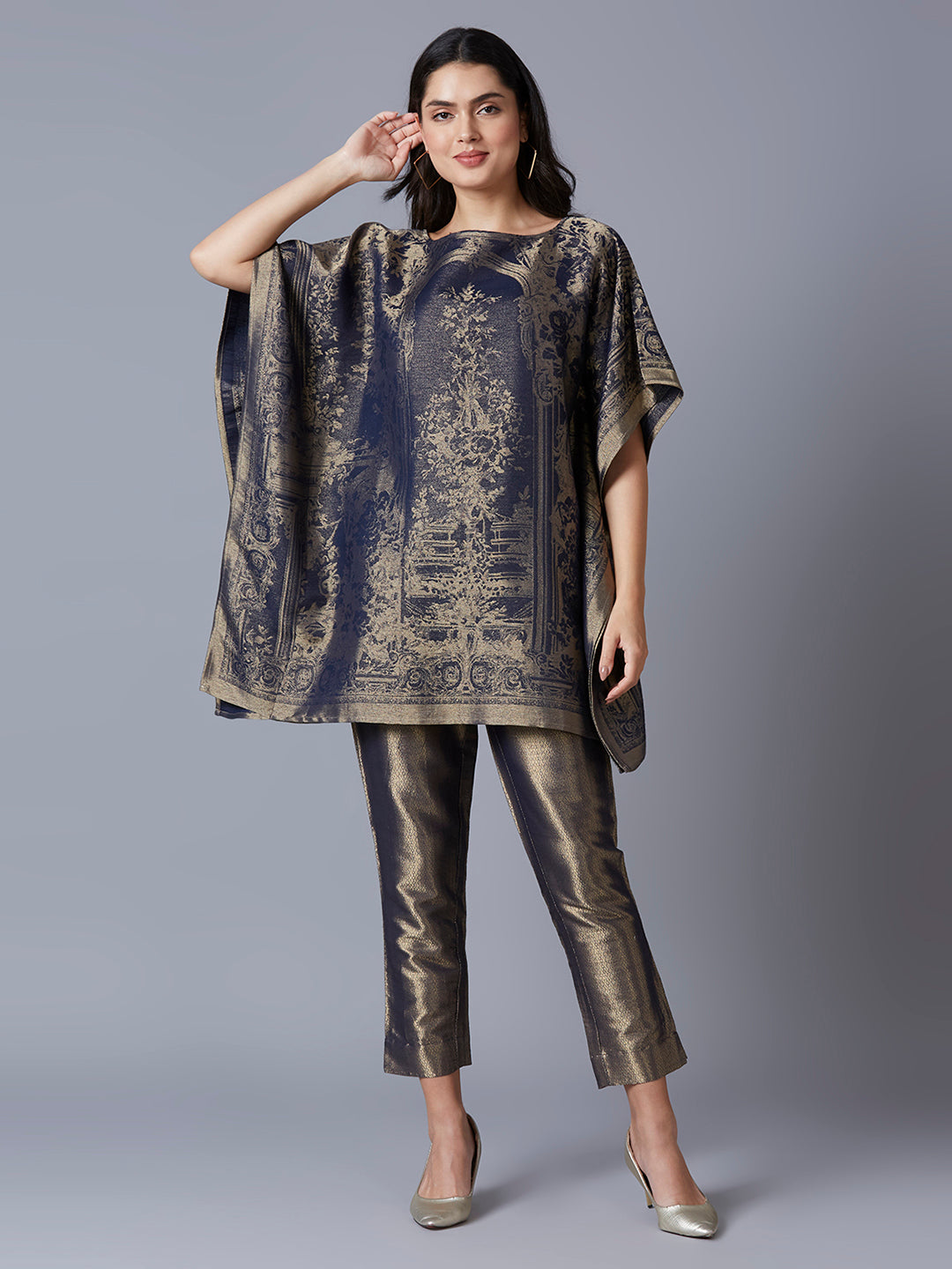 Brocade Ornamental Design Navy Poncho