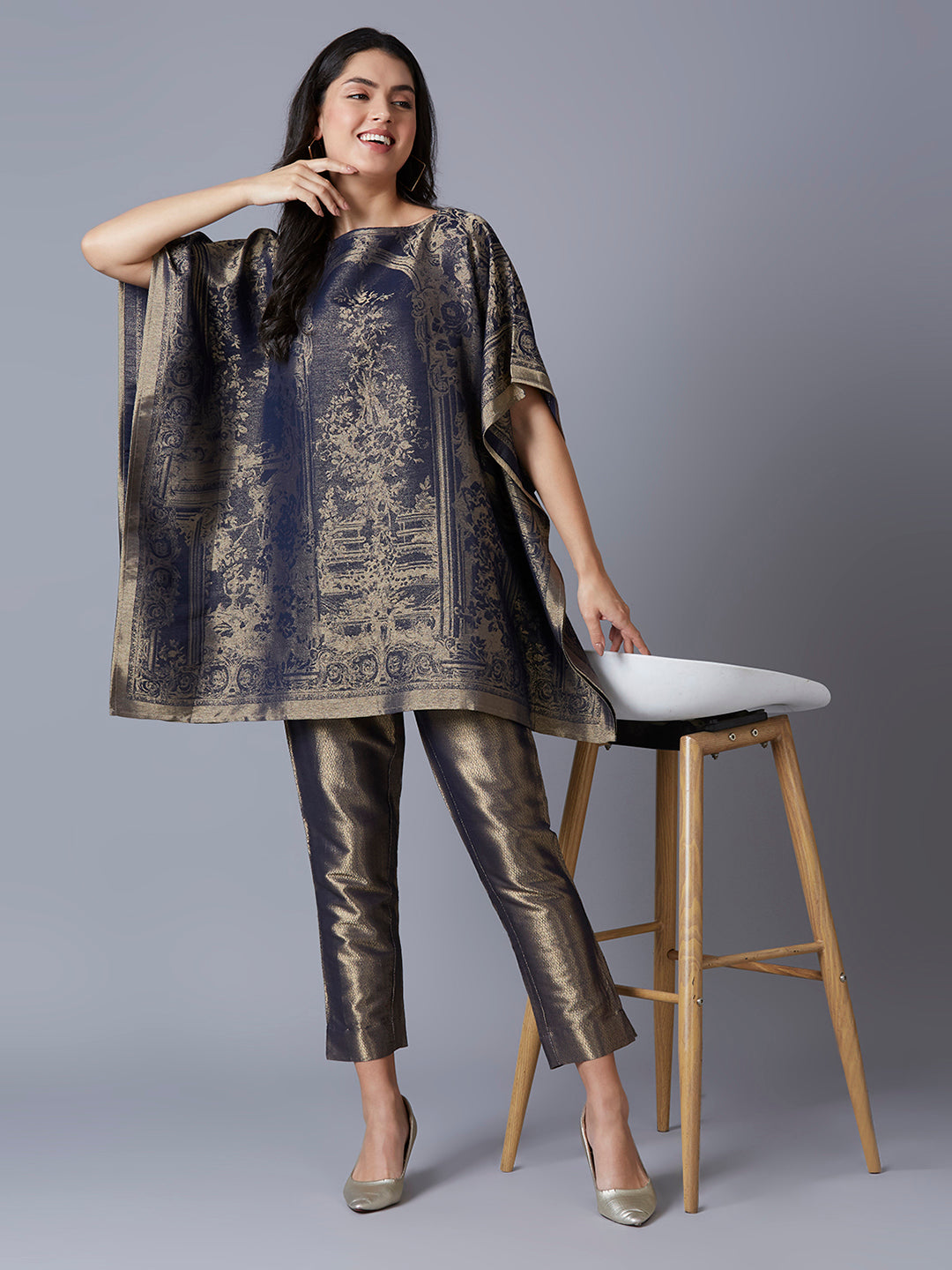 Brocade Ornamental Design Navy Poncho
