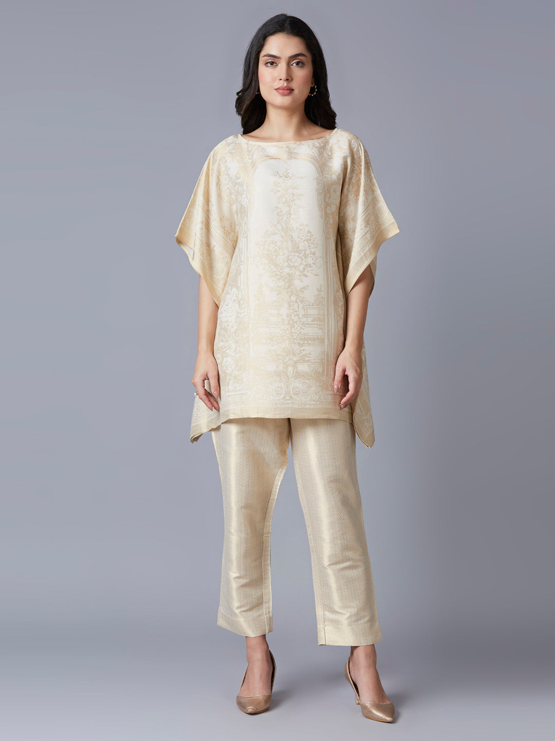 Brocade Ornamental Design Off White Poncho
