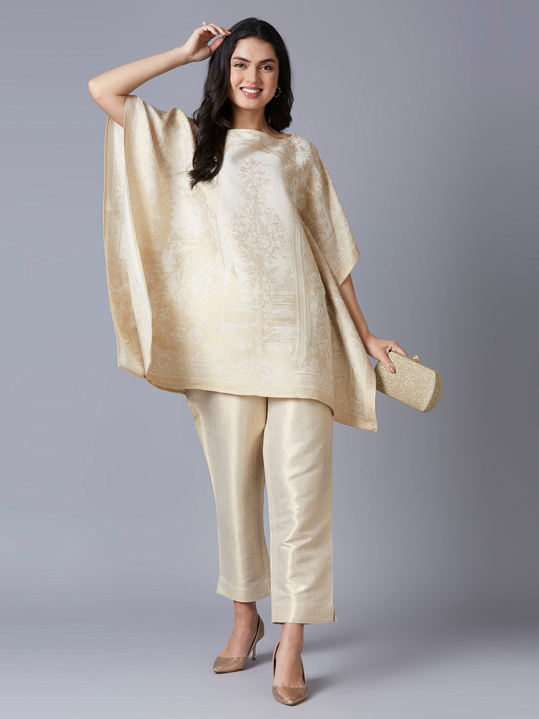 Brocade Ornamental Design Off White Poncho