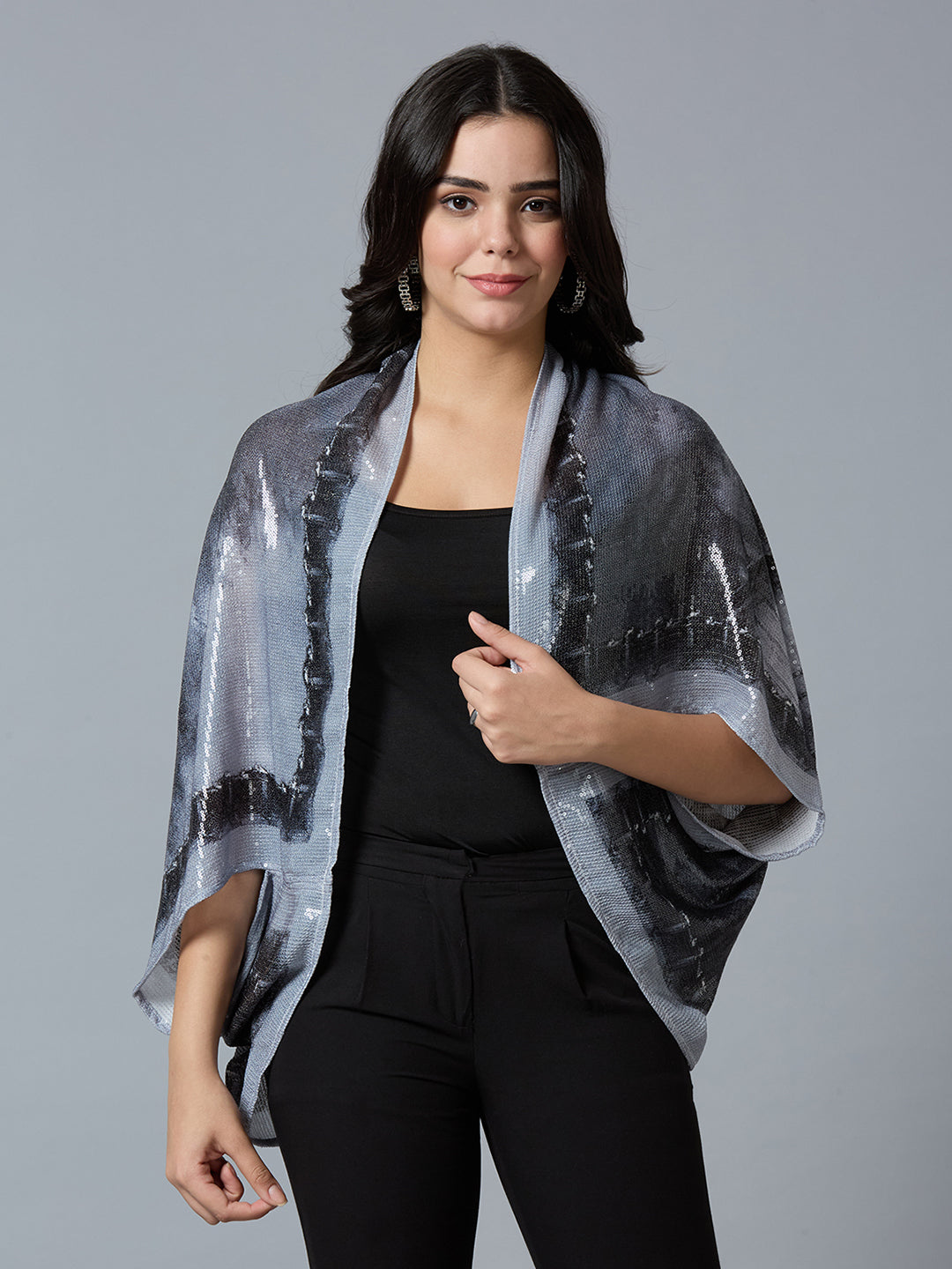 Grey Black Paris Printed Sequin Cape