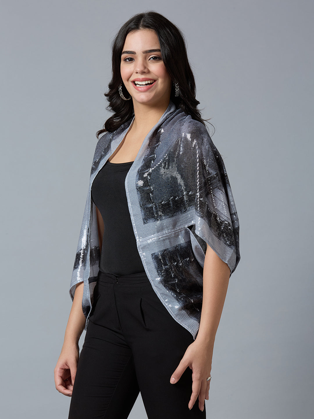 Grey Black Paris Printed Sequin Cape