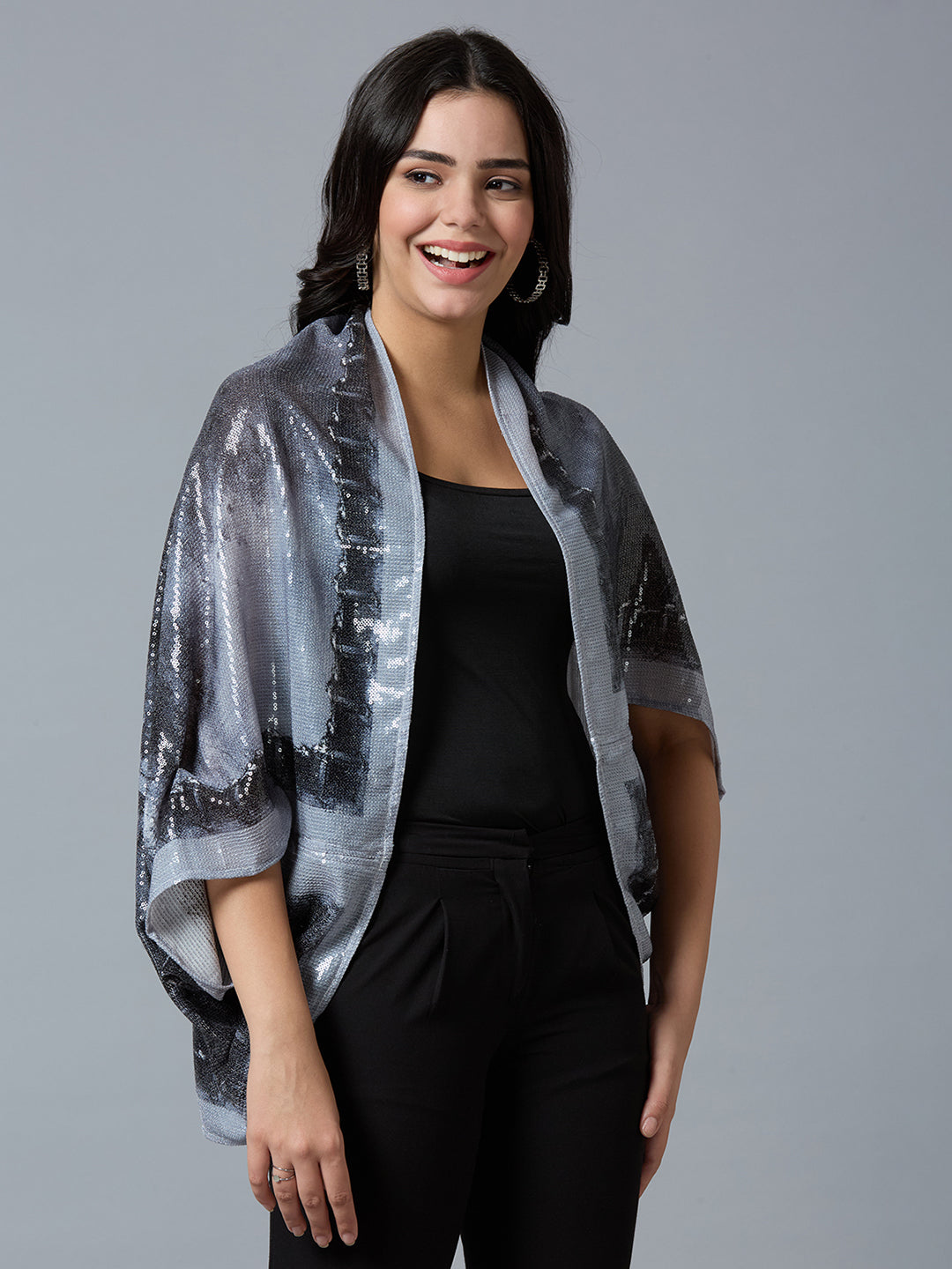 Grey Black Paris Printed Sequin Cape