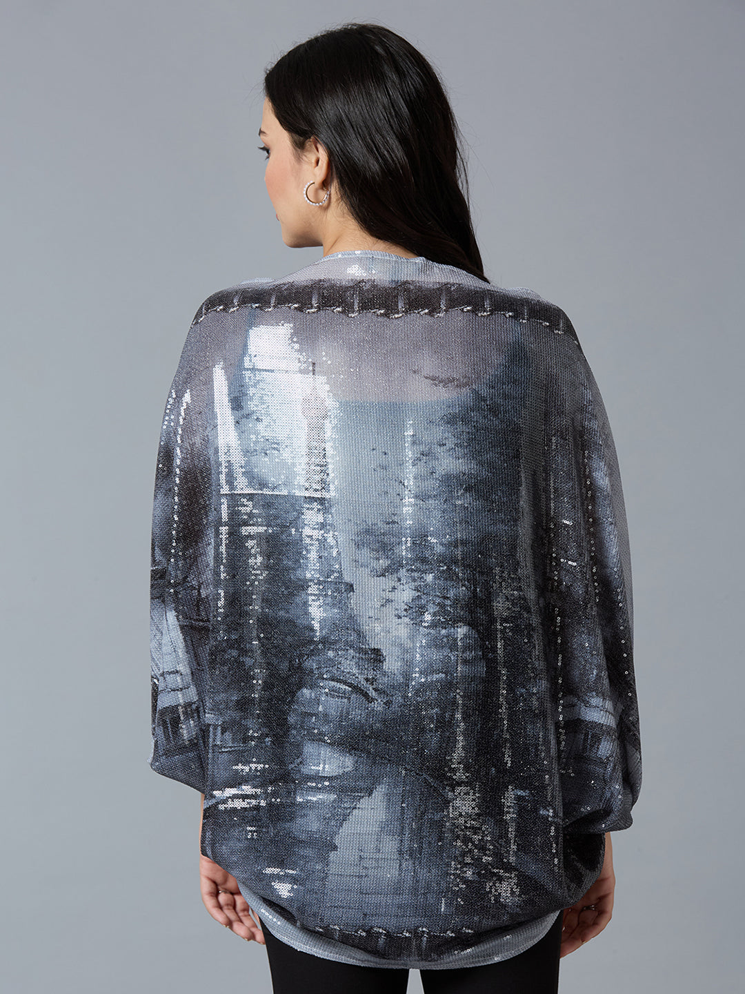 Grey Black Paris Printed Sequin Cape