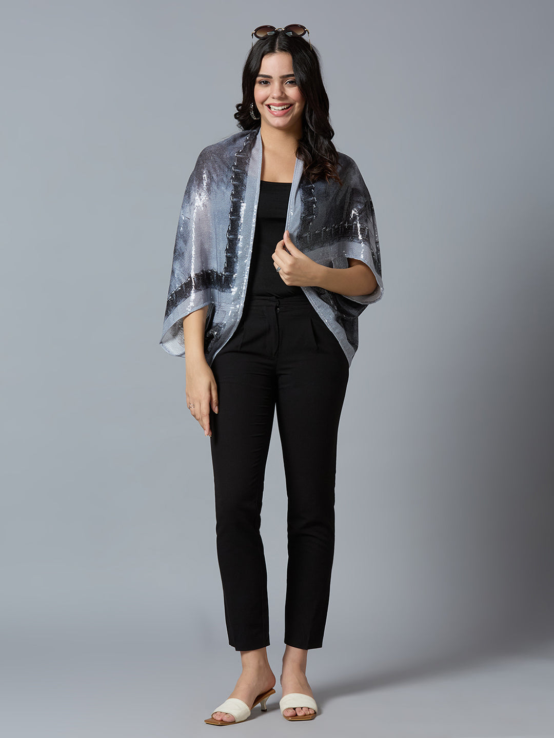 Sequin Paris Printed Grey Black Cape