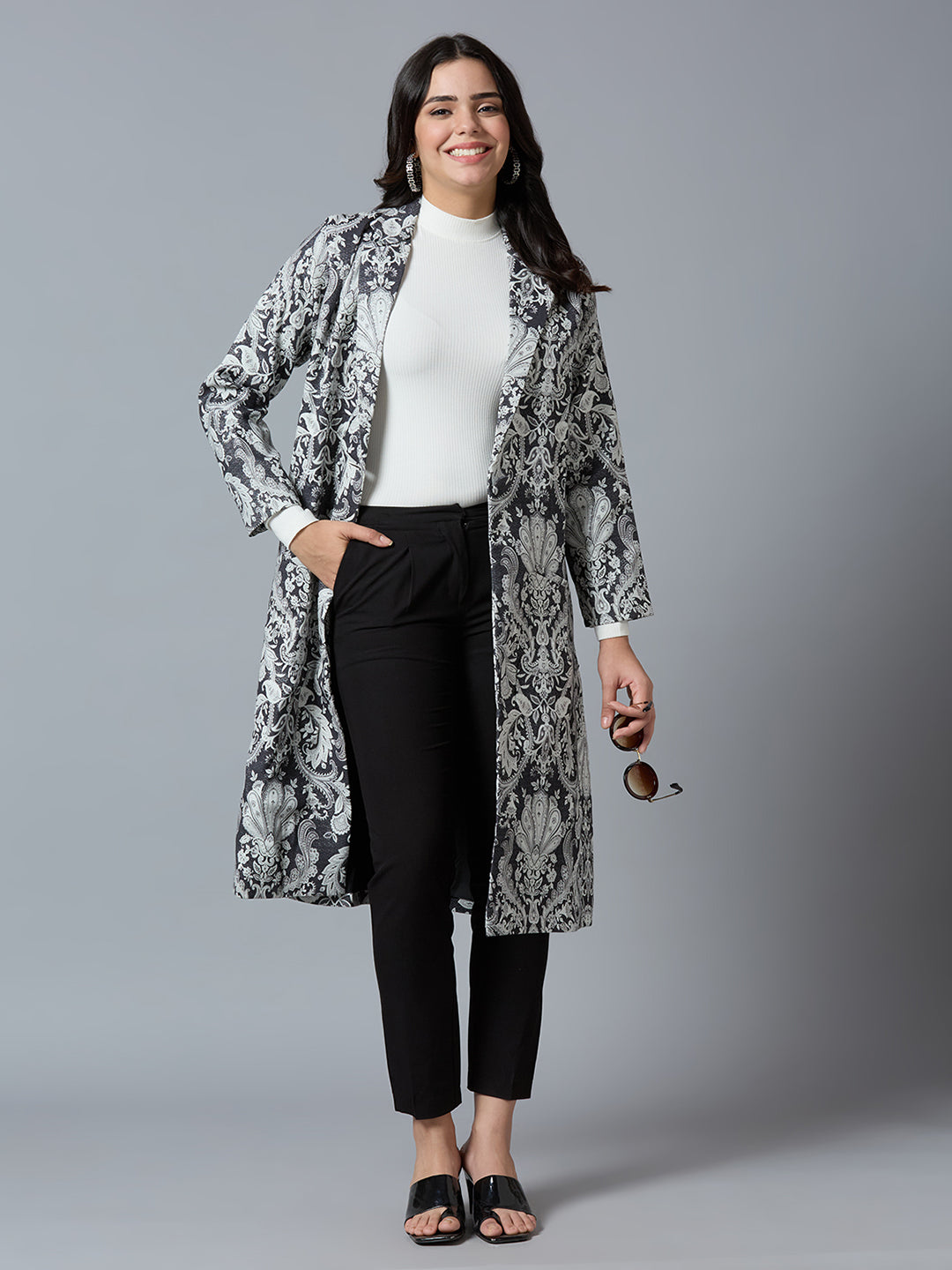 Black White Paisley Designed Brocade Metallic Long Blazer