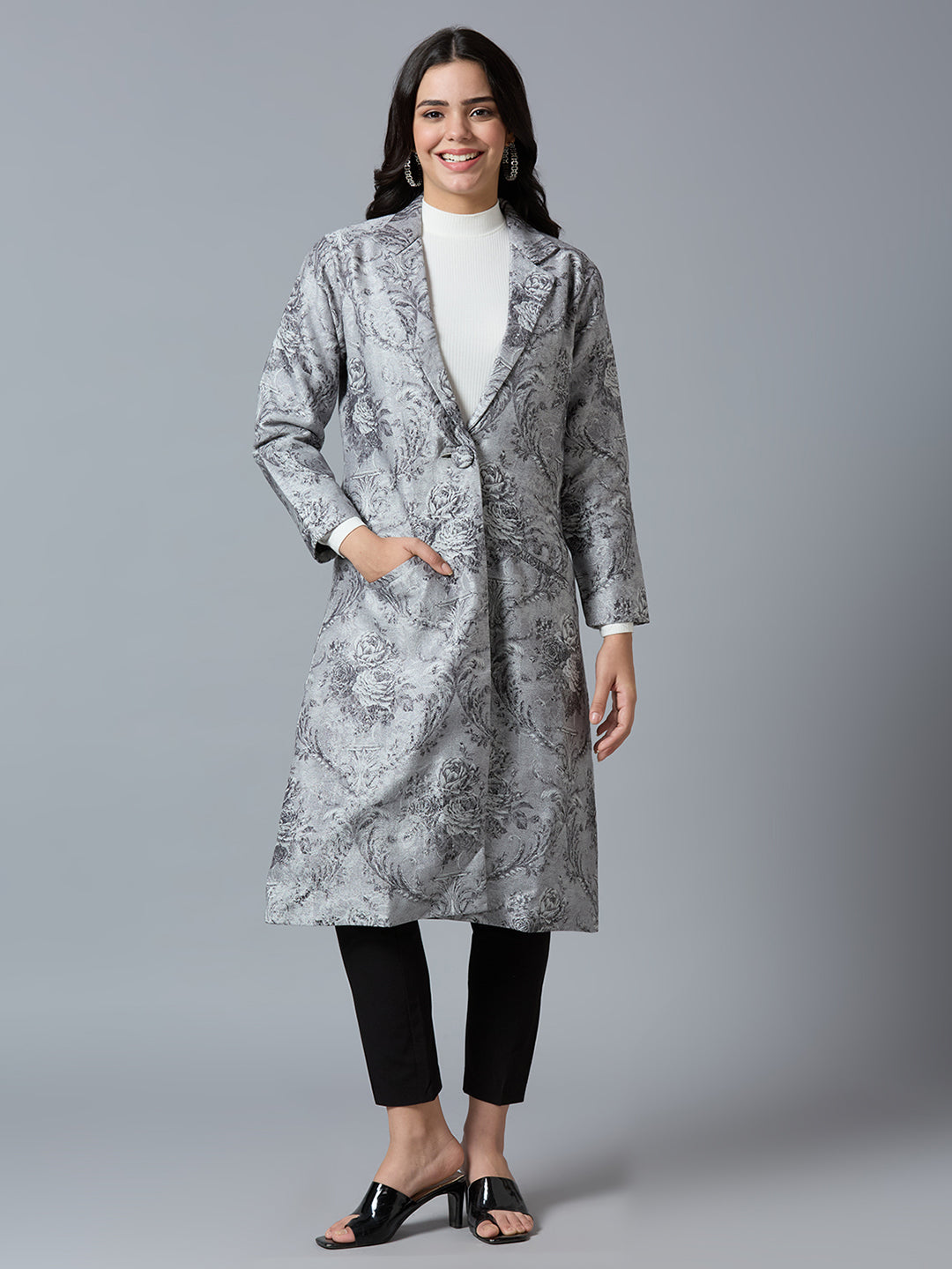 Grey Silver Floral Designed Brocade Metallic Long Blazer