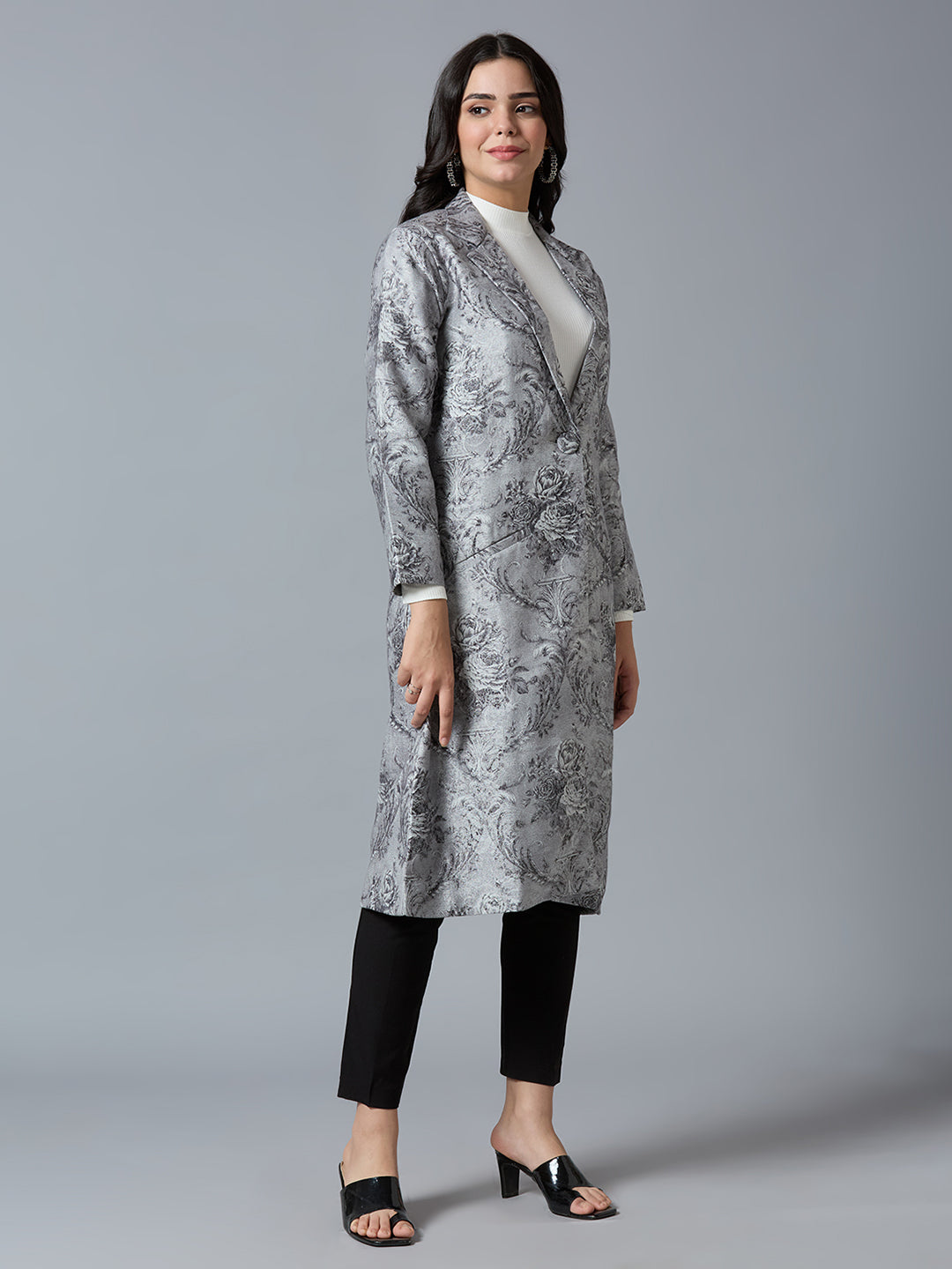 Grey Silver Floral Designed Brocade Metallic Long Blazer