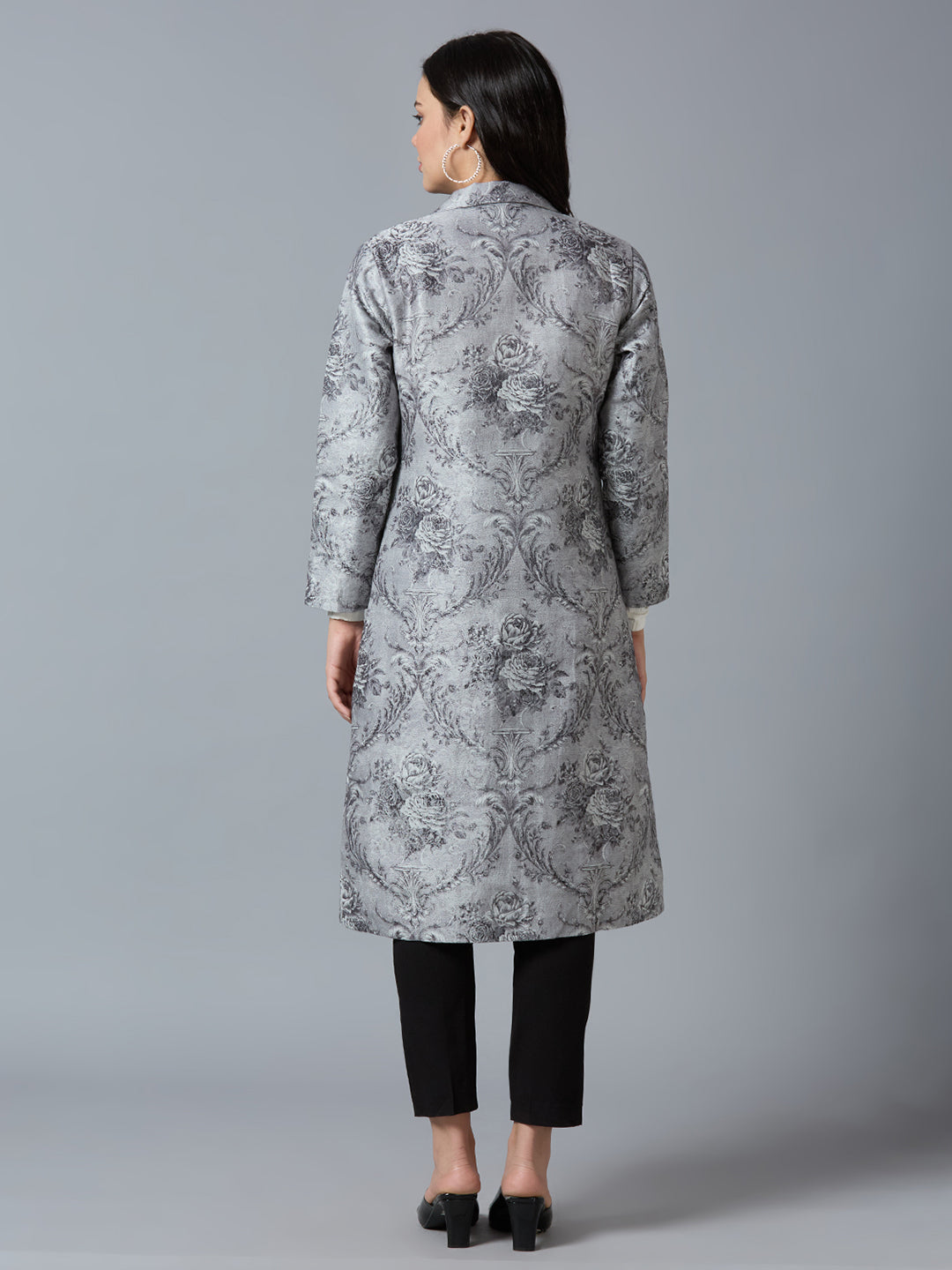 Grey Silver Floral Designed Brocade Metallic Long Blazer