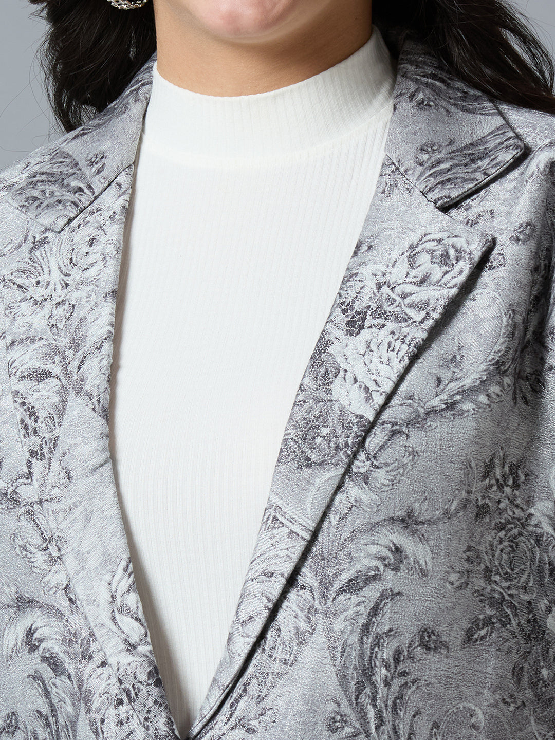 Grey Silver Floral Designed Brocade Metallic Long Blazer