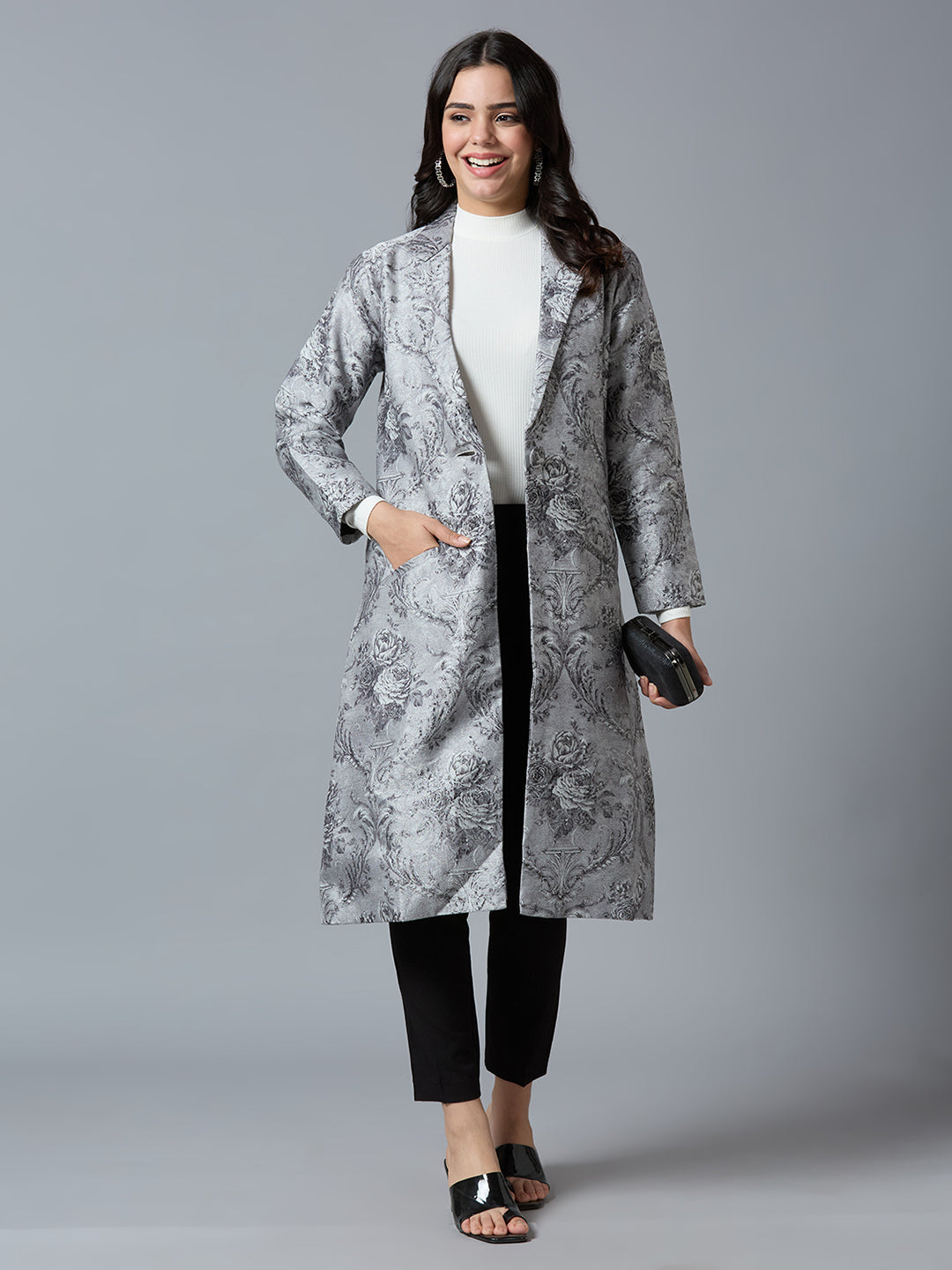 Brocade Floral Design Grey Long Blazer