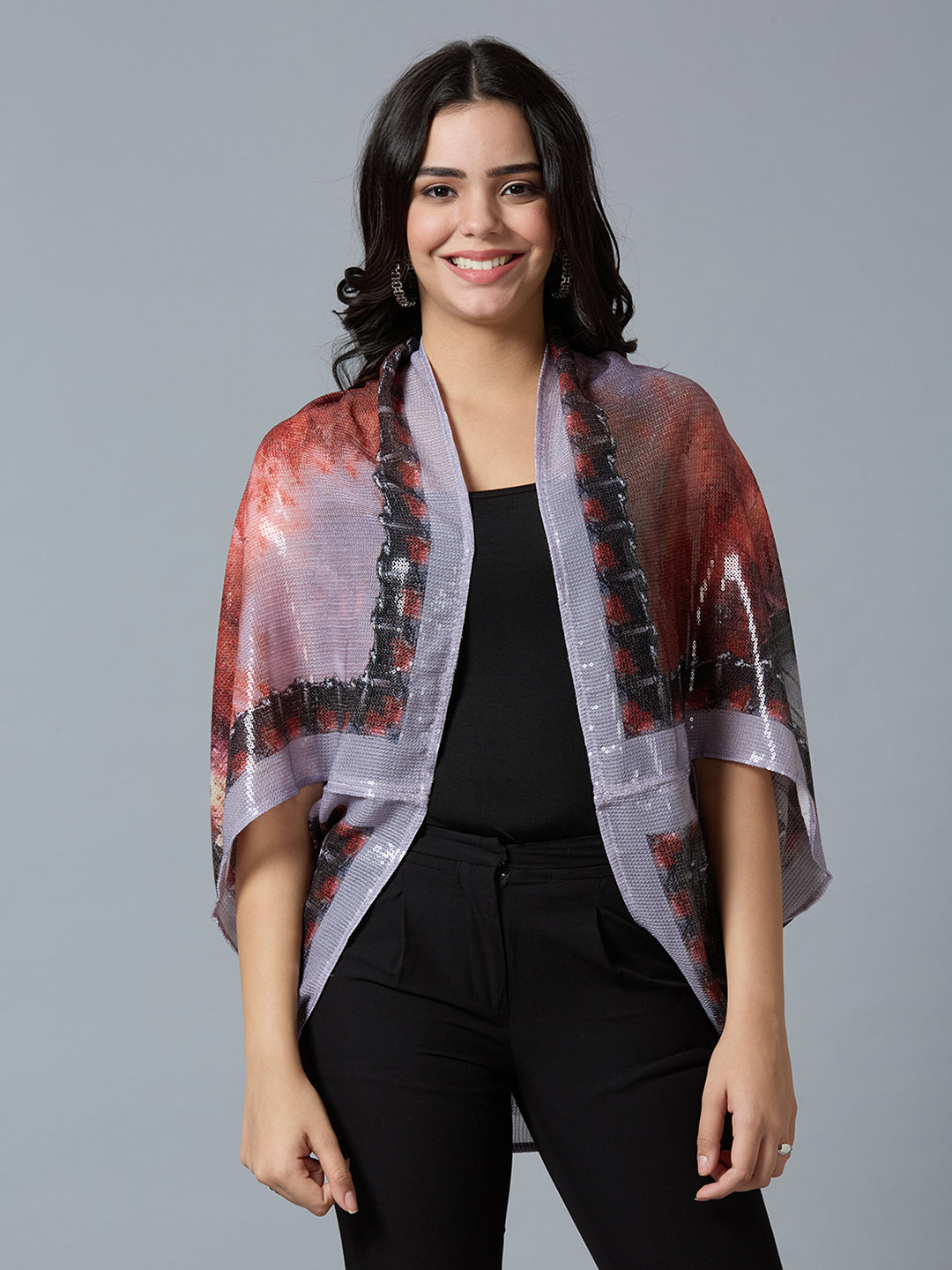 Red Multicolor Paris Printed Sequin Cape