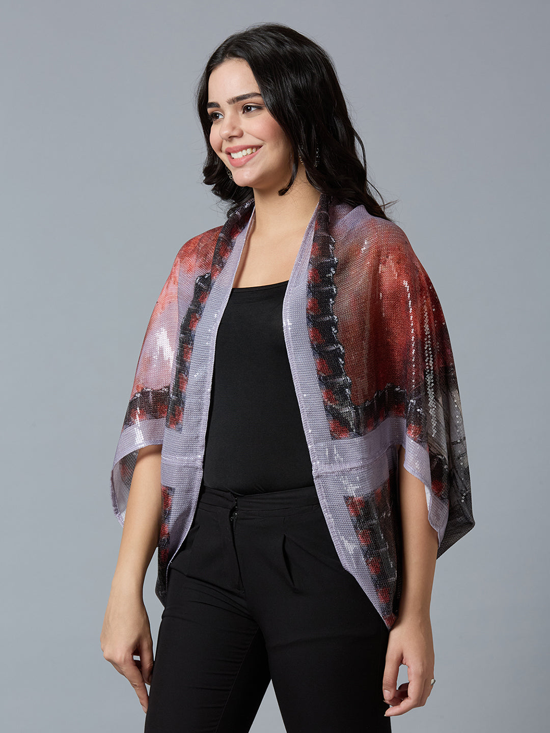 Red Multicolor Paris Printed Sequin Cape