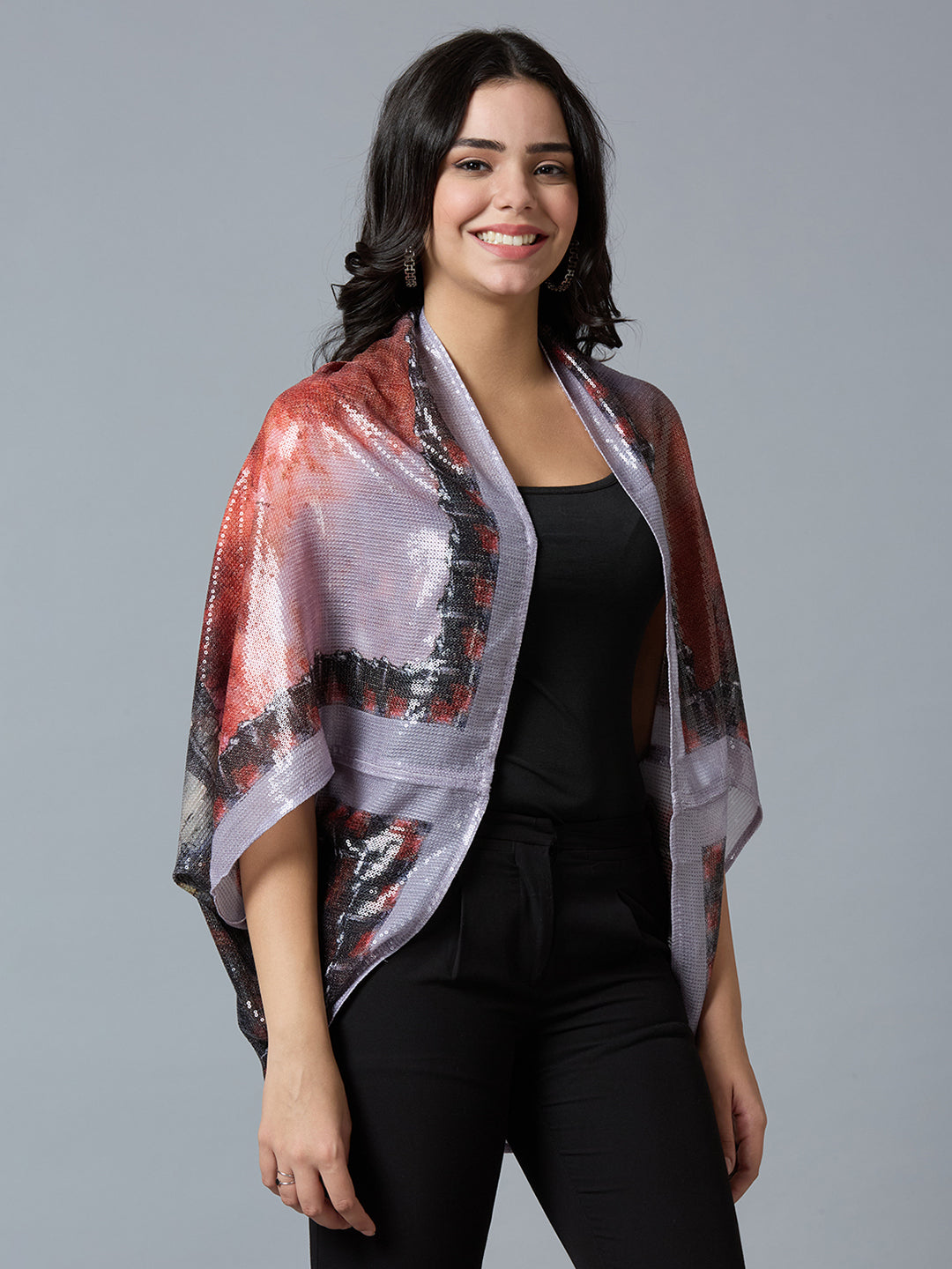 Red Multicolor Paris Printed Sequin Cape