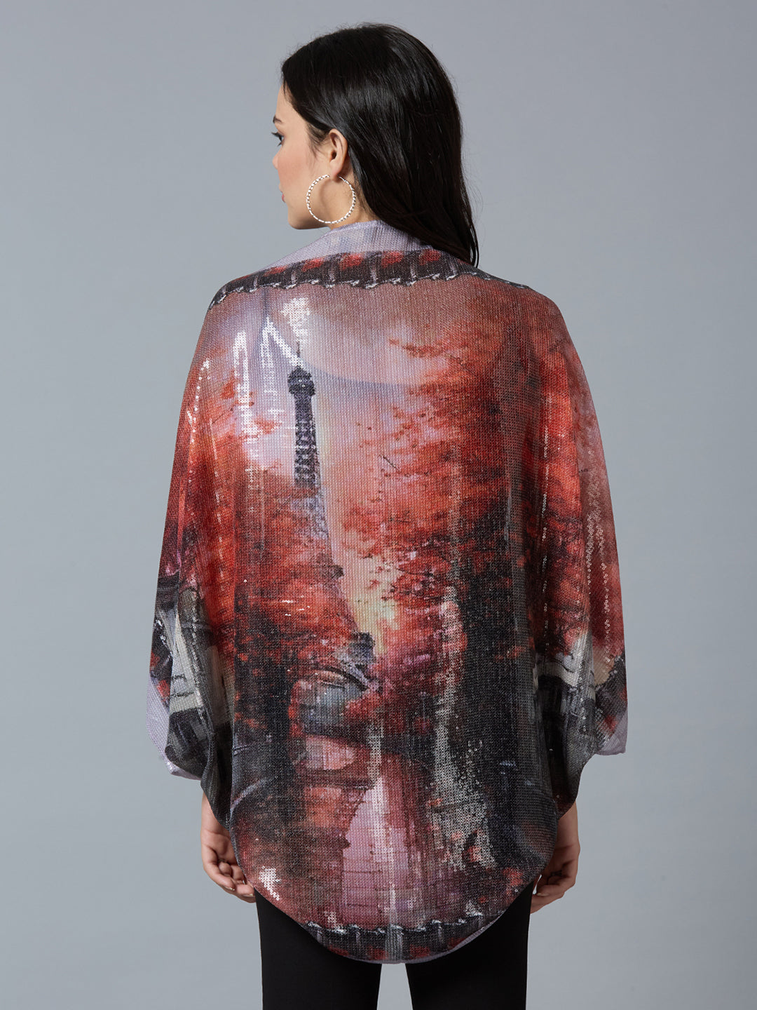 Red Multicolor Paris Printed Sequin Cape