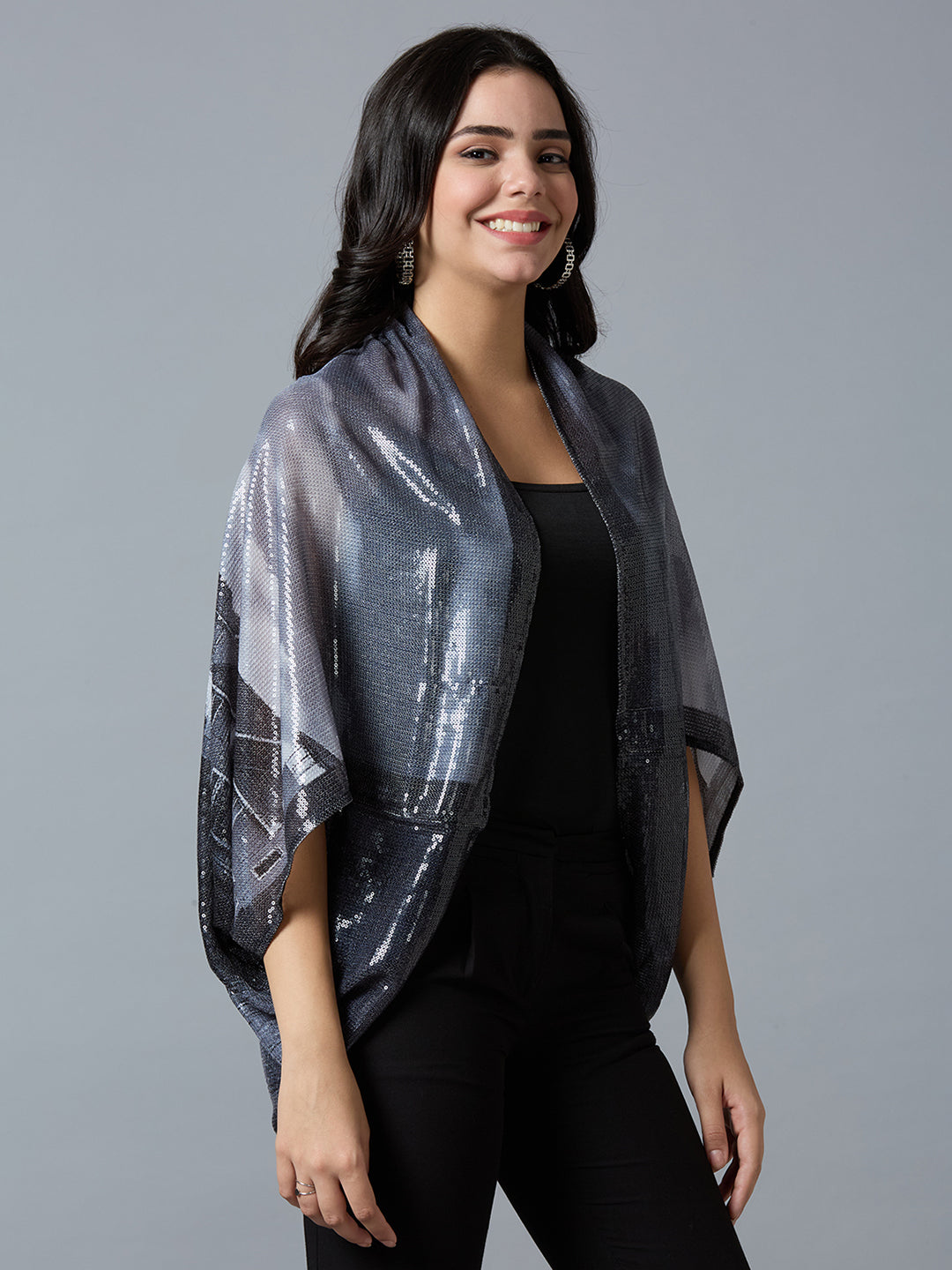 Grey Black Lake House Printed Sequin Cape