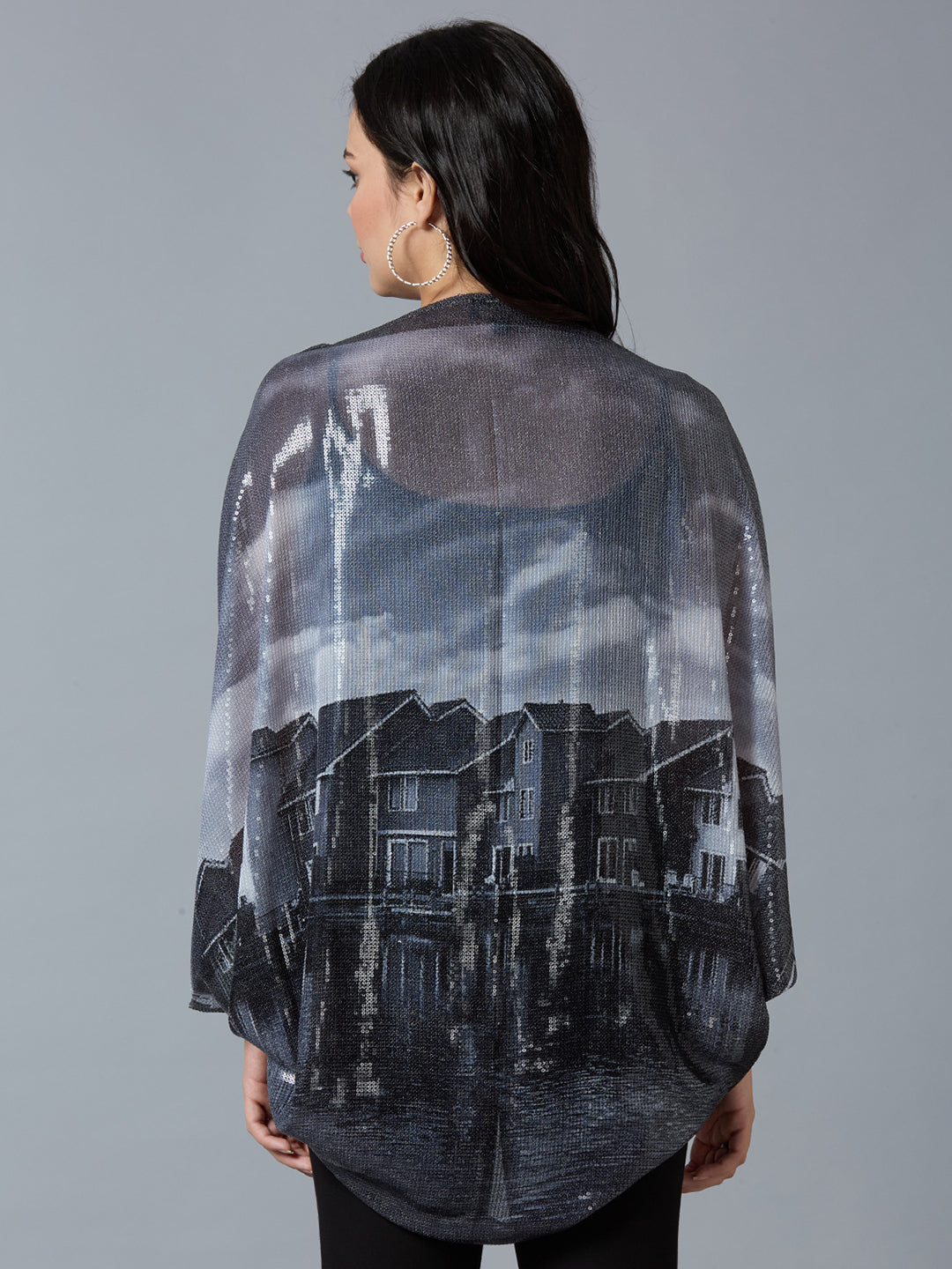 Grey Black Lake House Printed Sequin Cape