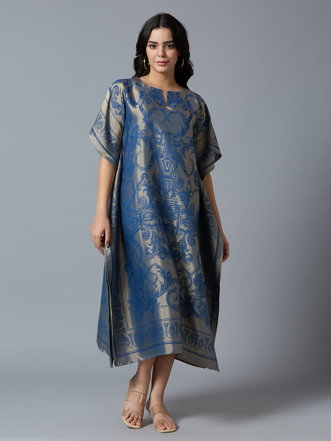 Brocade Motif Design Denim Blue Long Kaftan