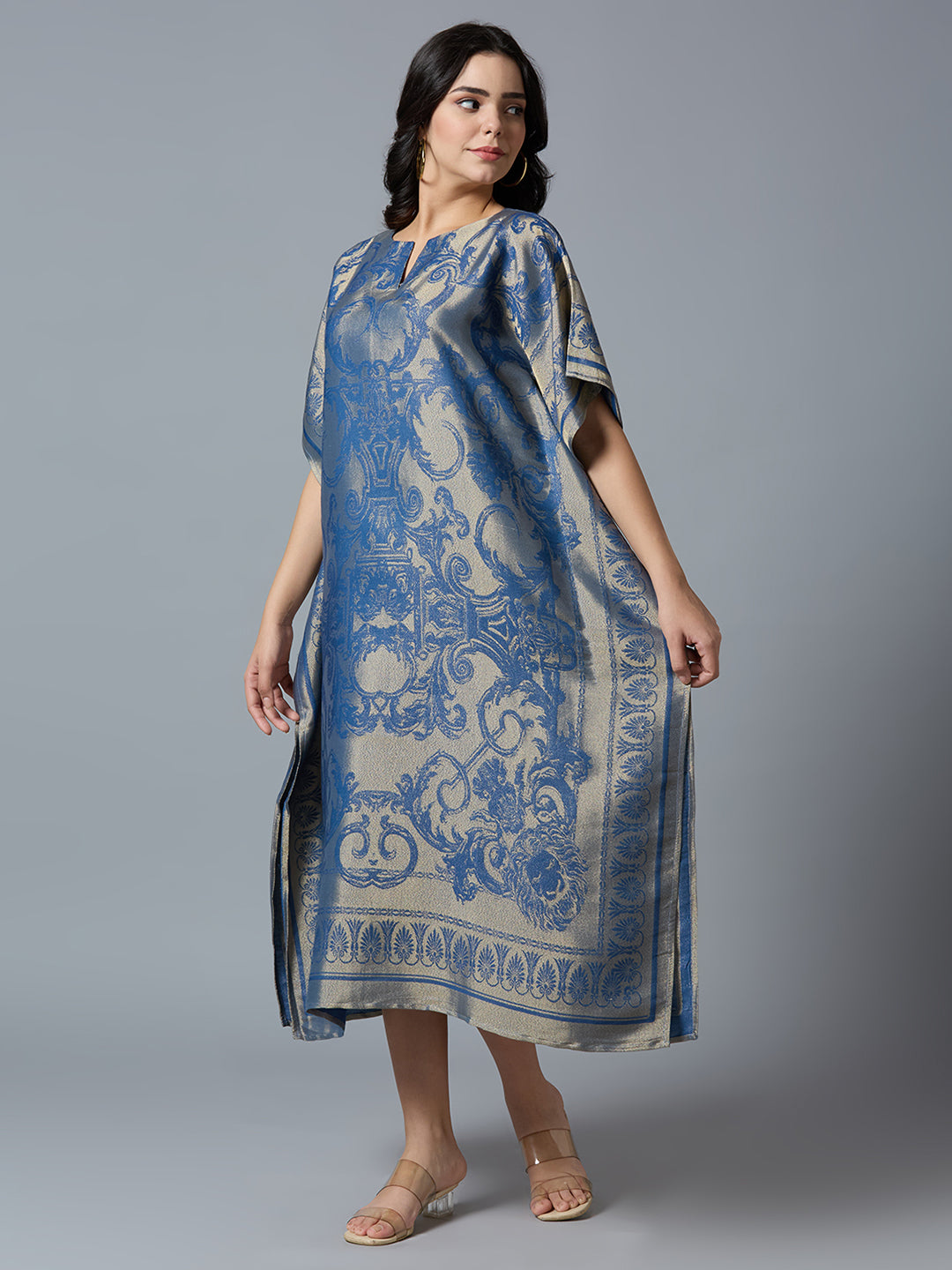 Denim Blue & Gold Motif Designed Long Brocade Kaftan