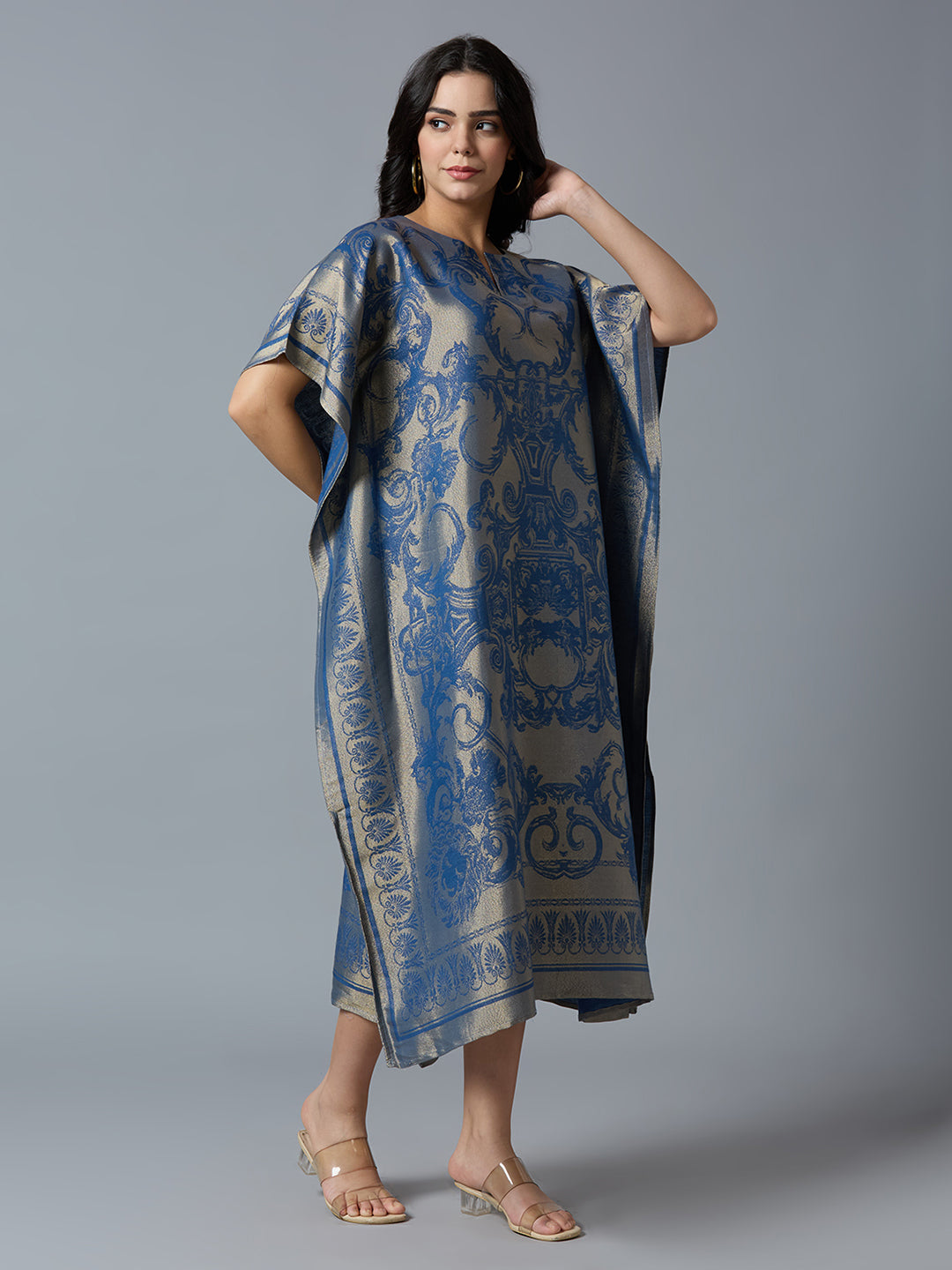 Denim Blue & Gold Motif Designed Long Brocade Kaftan